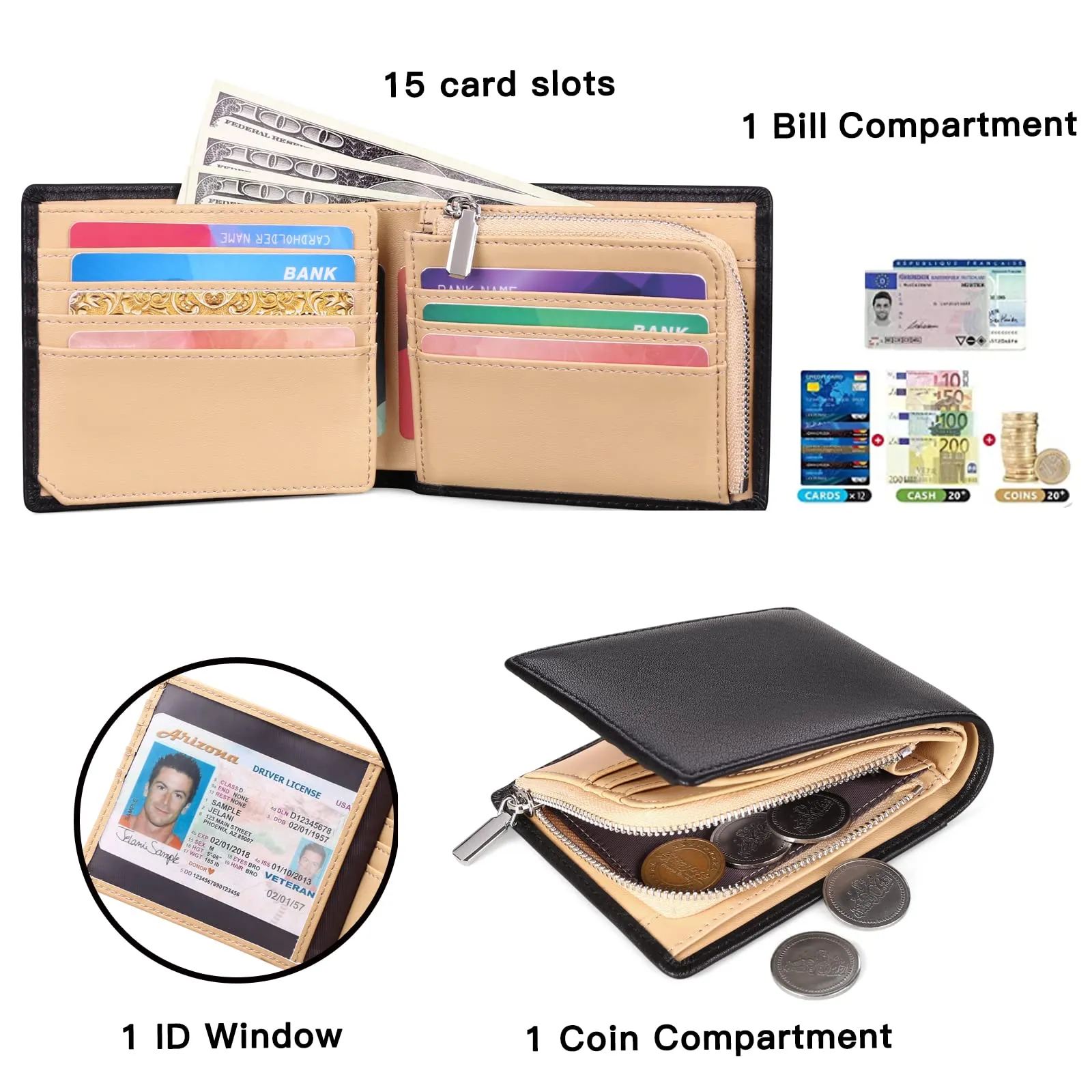 SENDEFN Portafoglio Uomo Vera Pelle, Portafoglio bi-Fold Uomo Portamonete, Blocco RFID Portafoglio per Uomo Con 15 Porta Carte di Credito - immagine 5