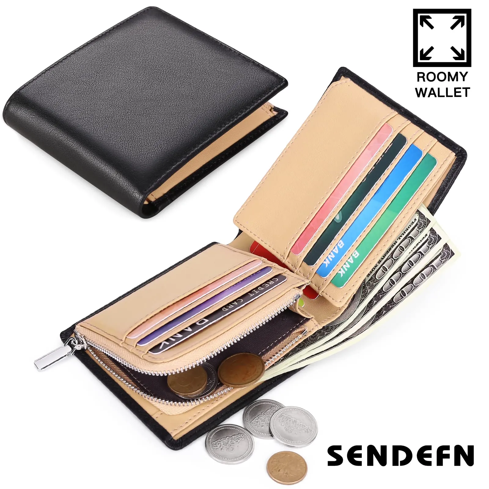 SENDEFN Portafoglio Uomo Vera Pelle, Portafoglio bi-Fold Uomo Portamonete, Blocco RFID Portafoglio per Uomo Con 15 Porta Carte di Credito - immagine 6