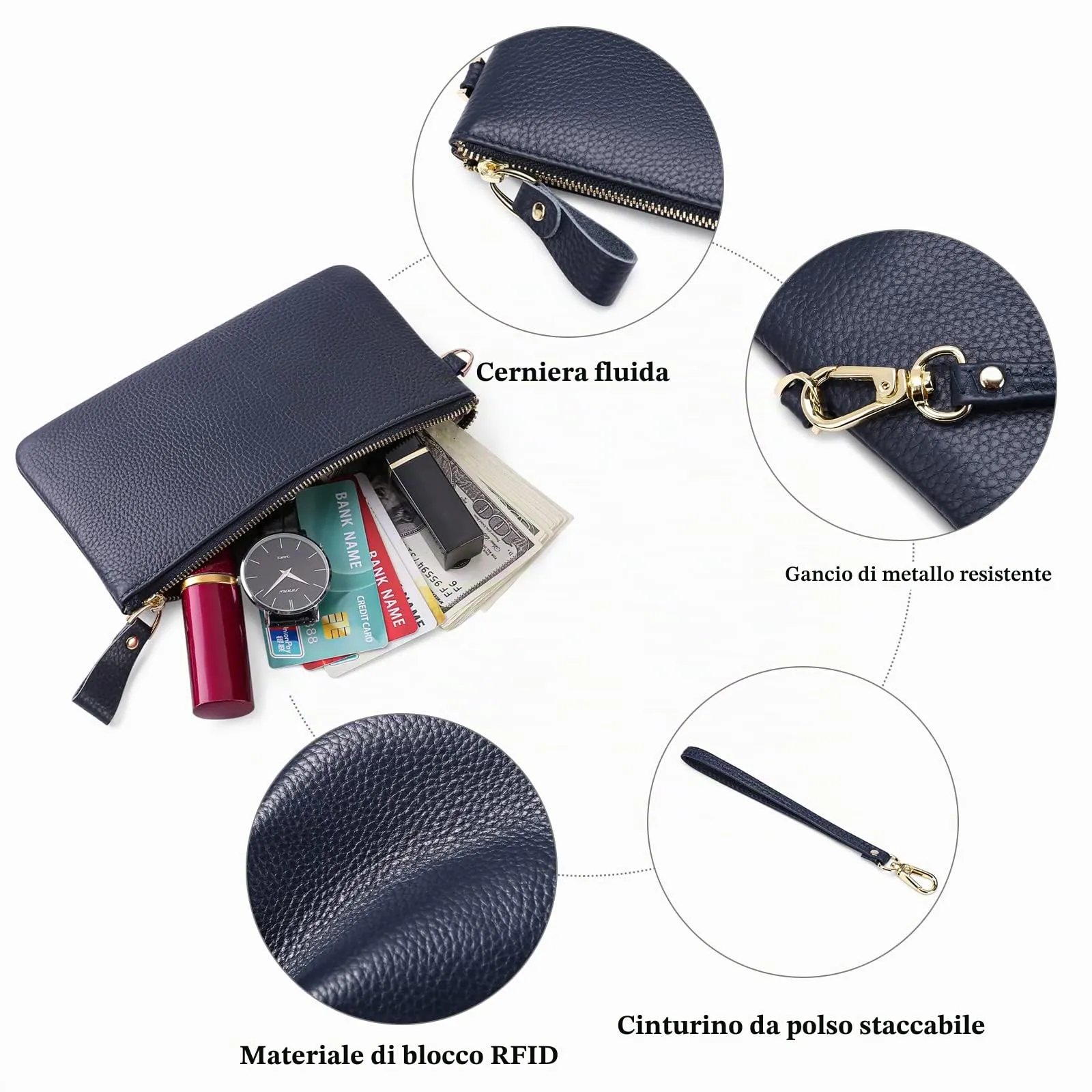 SENDEFN Pochette Donna Borsetta Piccola Portafoglio con Cinturino Da Polso Blocco Rfid Borse Clutch - immagine 5