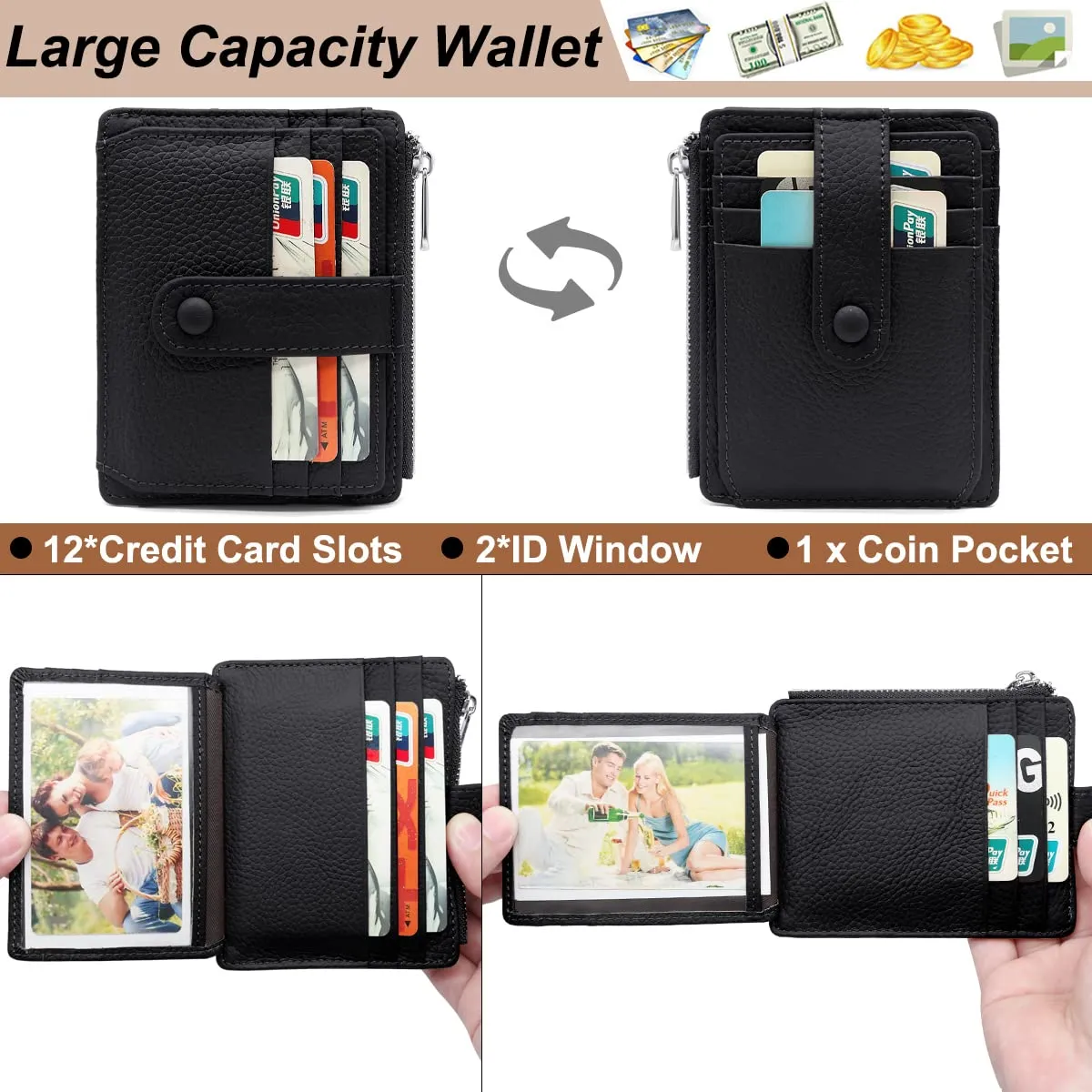 REETEE Porta Carte Credito Uomo e Donna RFID Blocco Portafoglio Sottile con Portamonete Vera Pelle Portacarte di Credito con Cerniera, Portacarte Uomo Slim con 14 Slot per Schede (Nero) - immagine 2
