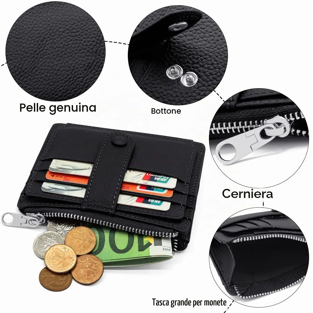 REETEE Porta Carte Credito Uomo e Donna RFID Blocco Portafoglio Sottile con Portamonete Vera Pelle Portacarte di Credito con Cerniera, Portacarte Uomo Slim con 14 Slot per Schede (Nero) - immagine 3