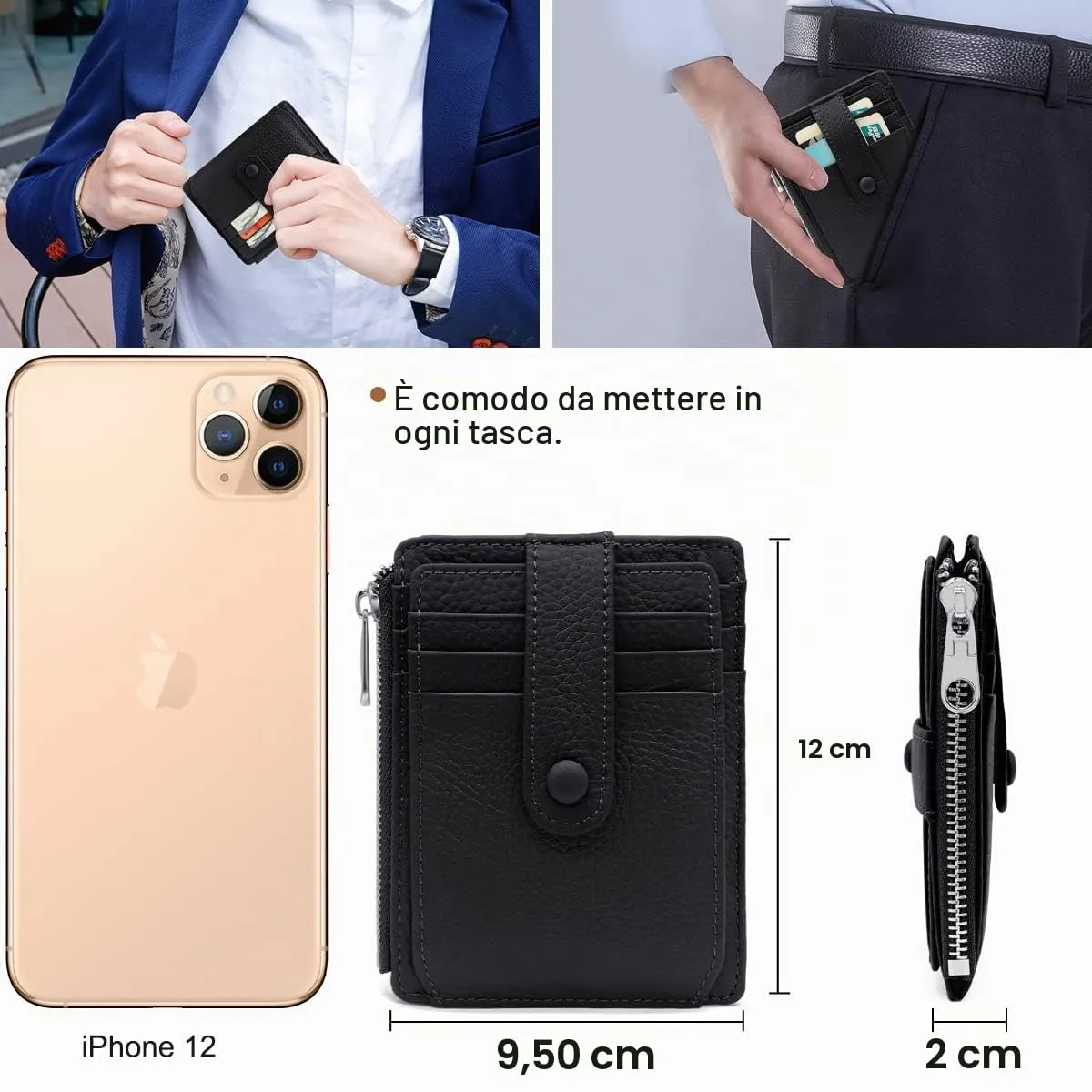 REETEE Porta Carte Credito Uomo e Donna RFID Blocco Portafoglio Sottile con Portamonete Vera Pelle Portacarte di Credito con Cerniera, Portacarte Uomo Slim con 14 Slot per Schede (Nero) - immagine 5