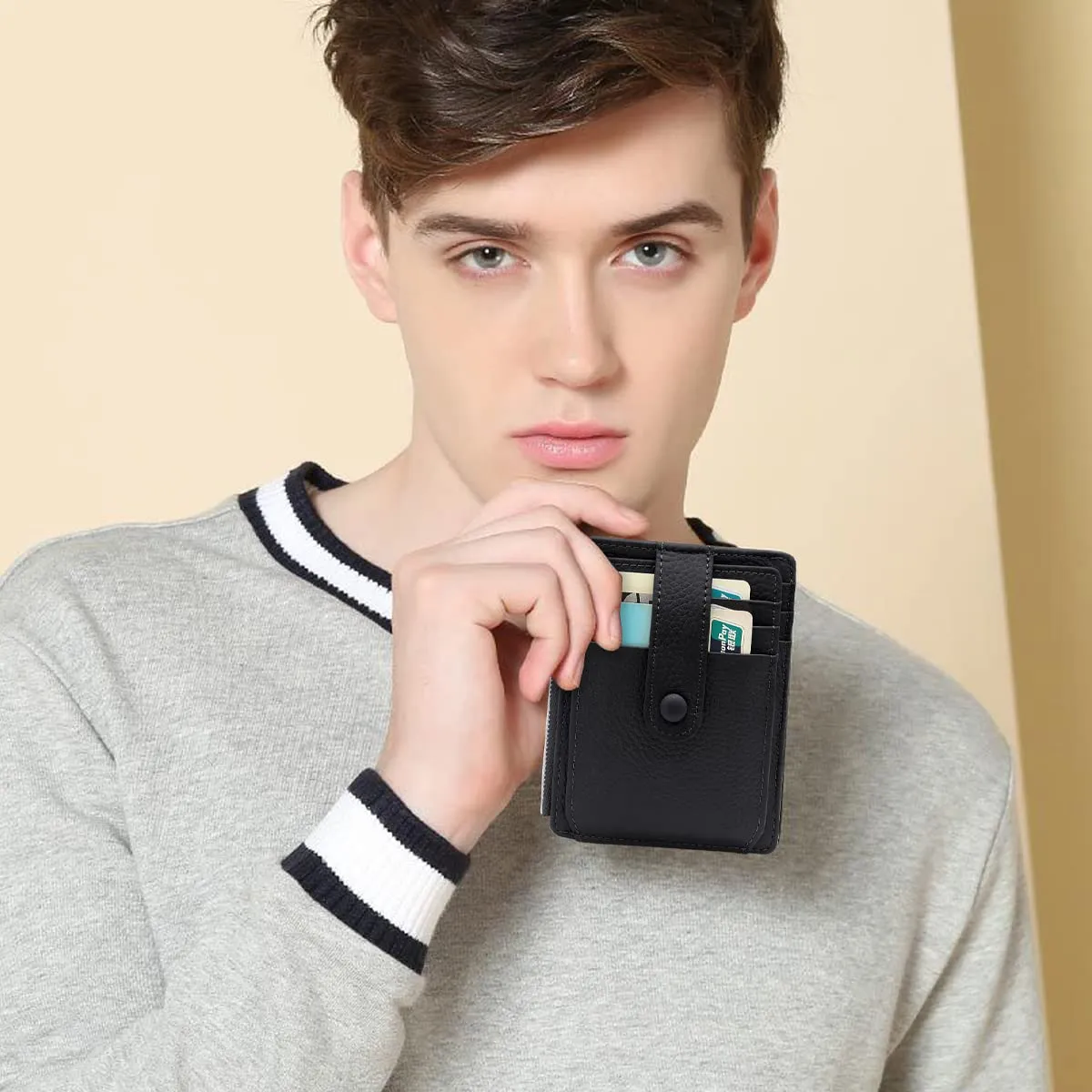 REETEE Porta Carte Credito Uomo e Donna RFID Blocco Portafoglio Sottile con Portamonete Vera Pelle Portacarte di Credito con Cerniera, Portacarte Uomo Slim con 14 Slot per Schede (Nero) - immagine 6