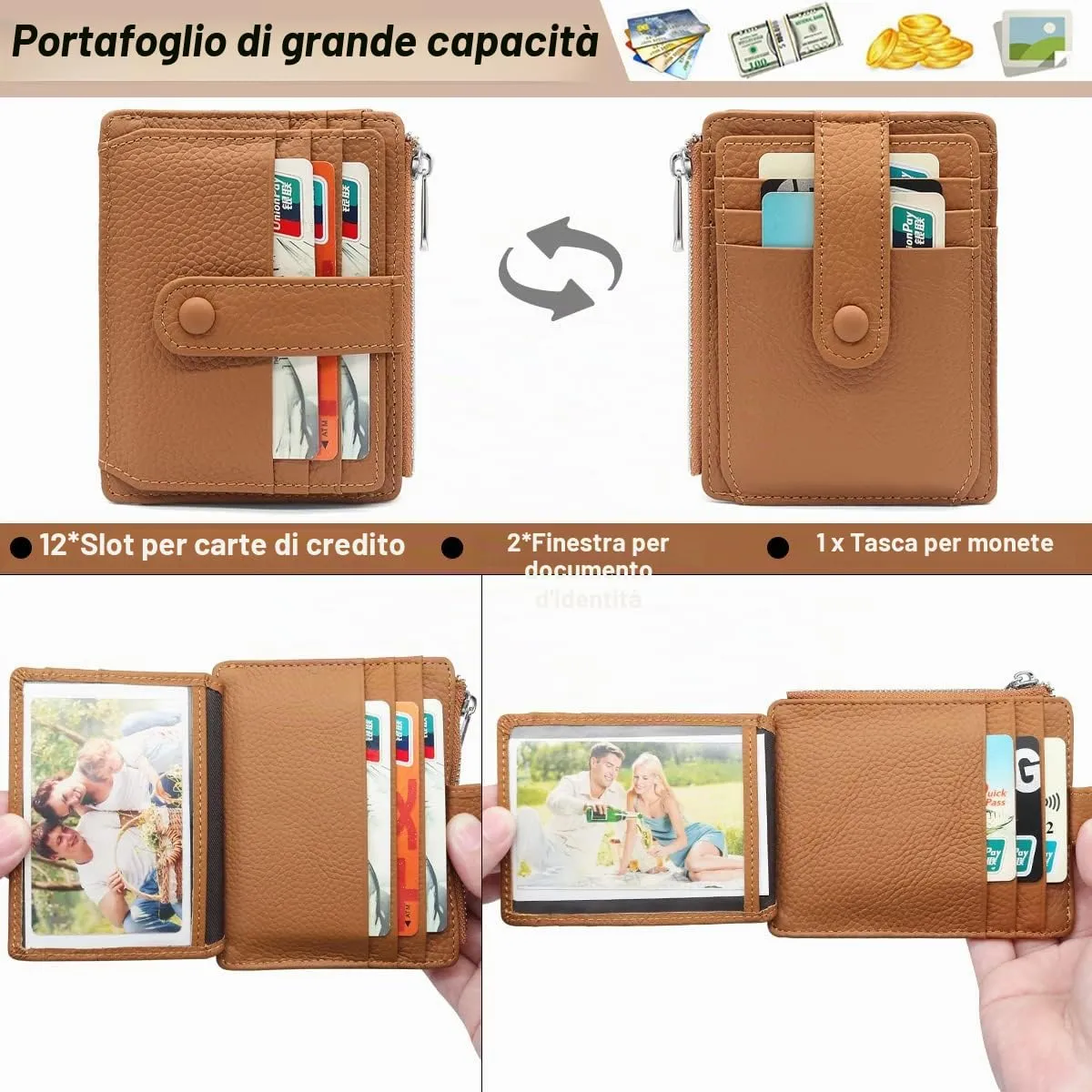 REETEE Porta Carte Credito Uomo e Donna RFID Blocco Portafoglio Sottile con Portamonete Vera Pelle Portacarte di Credito con Cerniera, Portacarte Uomo Slim con 14 Slot per Schede (Marrone) - immagine 2