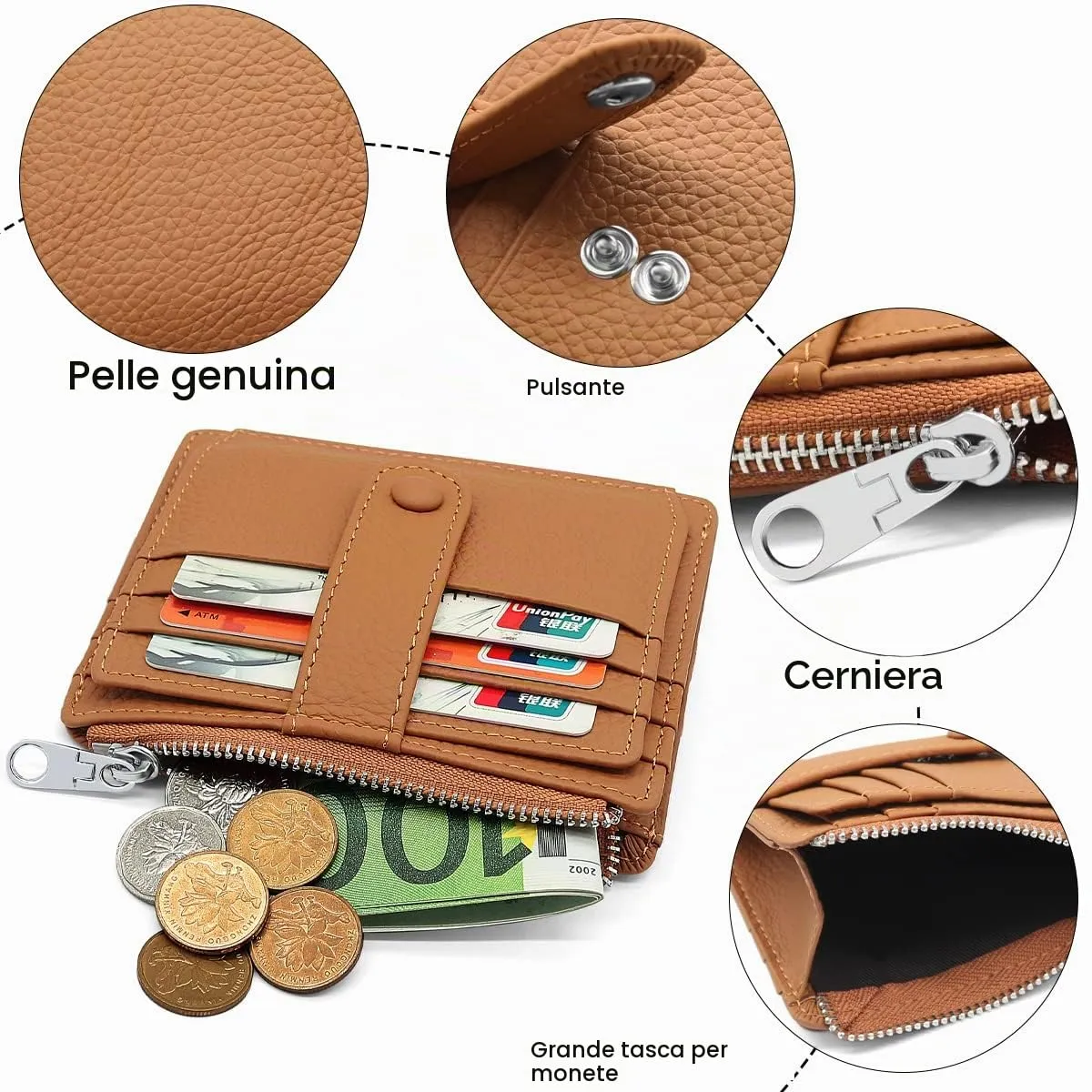 REETEE Porta Carte Credito Uomo e Donna RFID Blocco Portafoglio Sottile con Portamonete Vera Pelle Portacarte di Credito con Cerniera, Portacarte Uomo Slim con 14 Slot per Schede (Marrone) - immagine 3