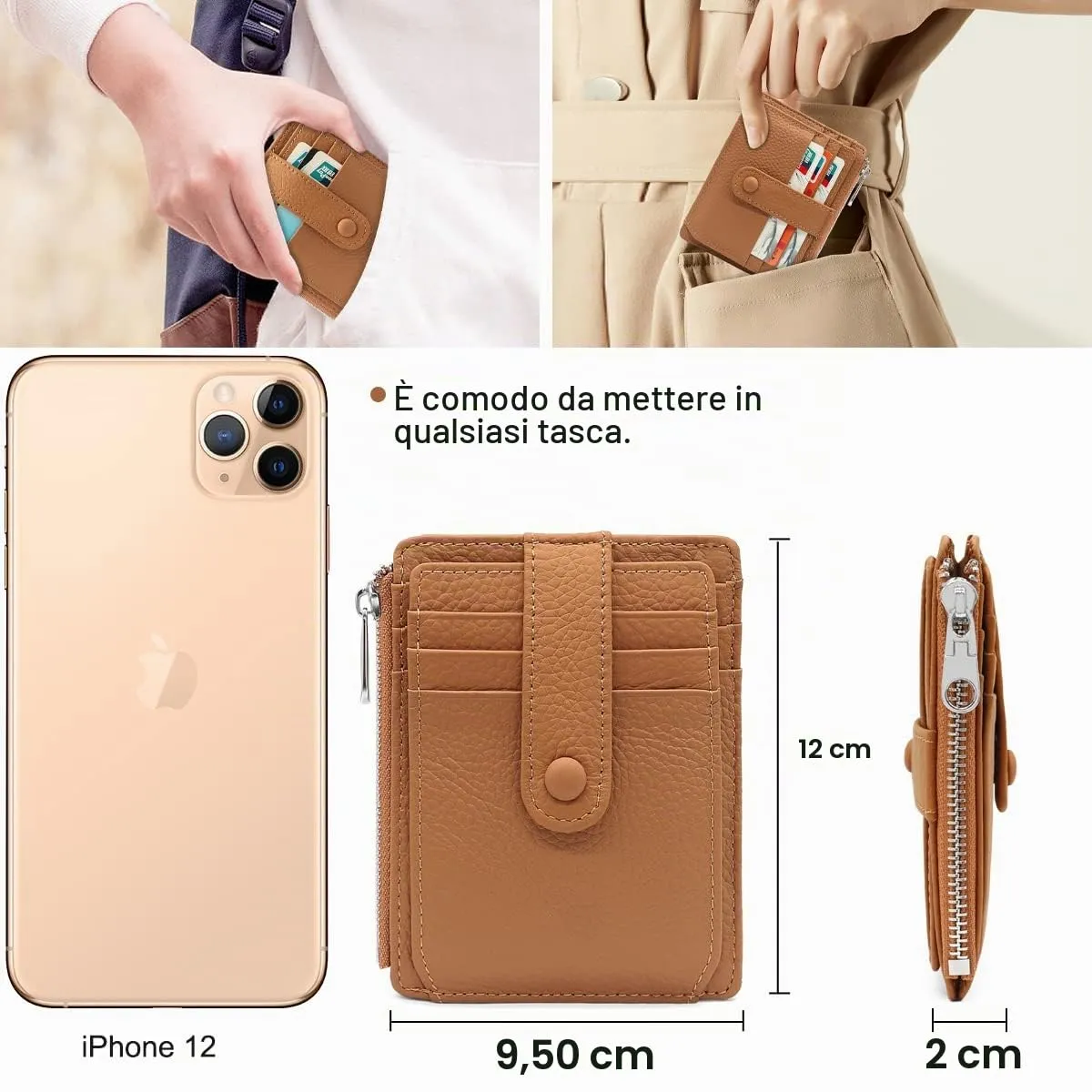 REETEE Porta Carte Credito Uomo e Donna RFID Blocco Portafoglio Sottile con Portamonete Vera Pelle Portacarte di Credito con Cerniera, Portacarte Uomo Slim con 14 Slot per Schede (Marrone) - immagine 4
