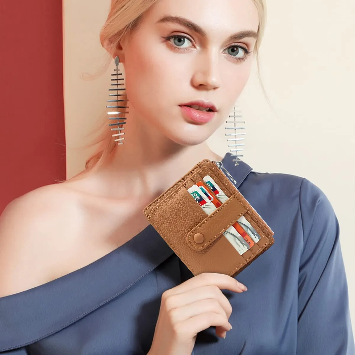 REETEE Porta Carte Credito Uomo e Donna RFID Blocco Portafoglio Sottile con Portamonete Vera Pelle Portacarte di Credito con Cerniera, Portacarte Uomo Slim con 14 Slot per Schede (Marrone) - immagine 6