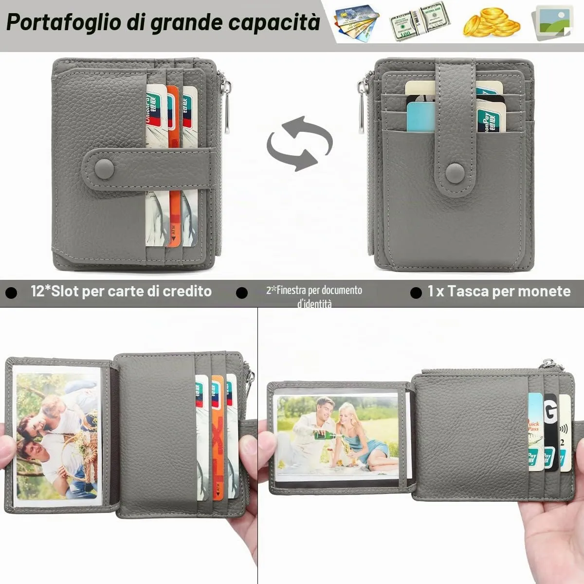 REETEE Porta Carte Credito Uomo e Donna RFID Blocco Portafoglio Sottile con Portamonete Vera Pelle Portacarte di Credito con Cerniera, Portacarte Uomo Slim con 14 Slot per Schede (grigio) - immagine 2