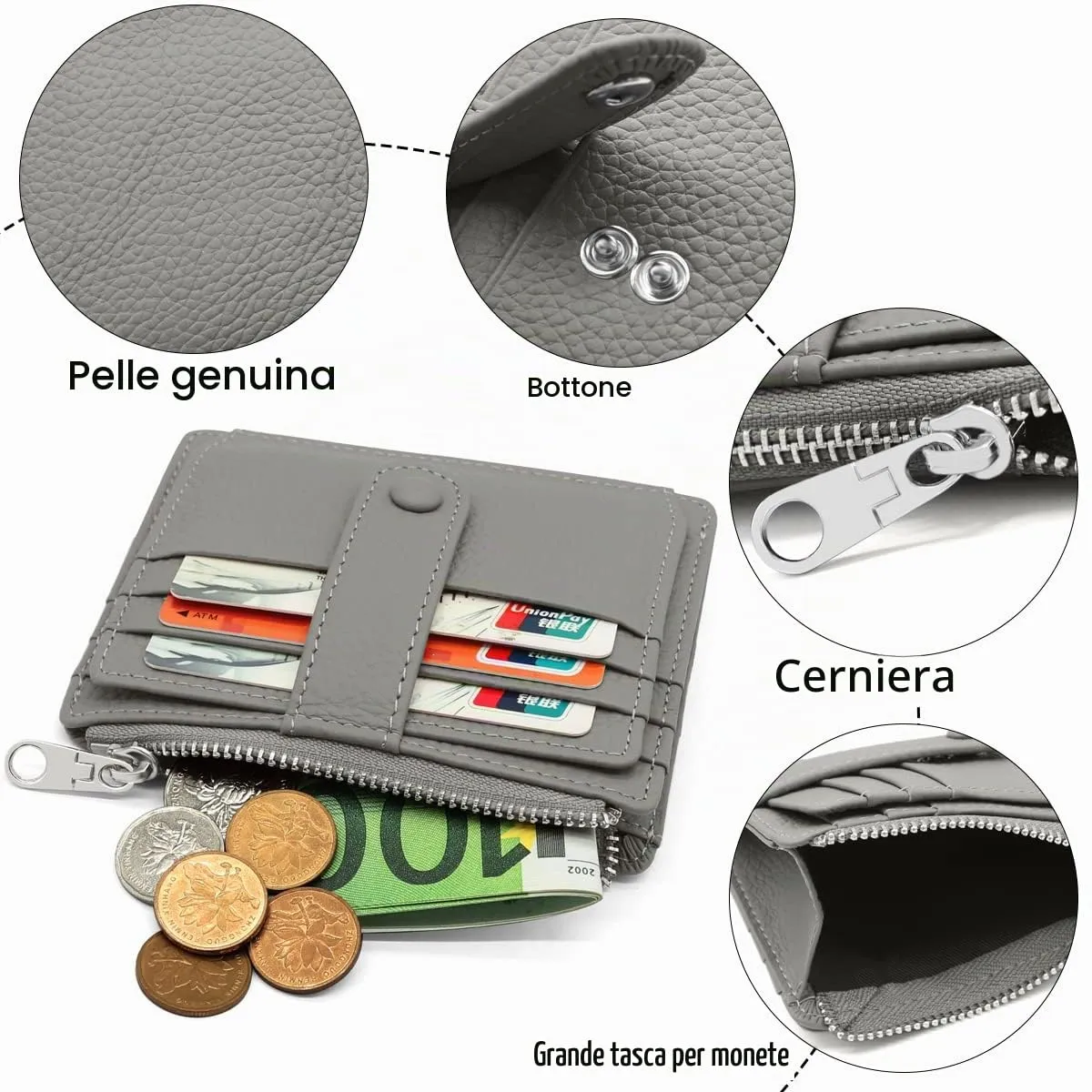 REETEE Porta Carte Credito Uomo e Donna RFID Blocco Portafoglio Sottile con Portamonete Vera Pelle Portacarte di Credito con Cerniera, Portacarte Uomo Slim con 14 Slot per Schede (grigio) - immagine 3