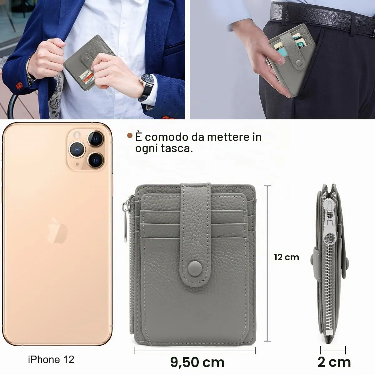 REETEE Porta Carte Credito Uomo e Donna RFID Blocco Portafoglio Sottile con Portamonete Vera Pelle Portacarte di Credito con Cerniera, Portacarte Uomo Slim con 14 Slot per Schede (grigio) - immagine 5