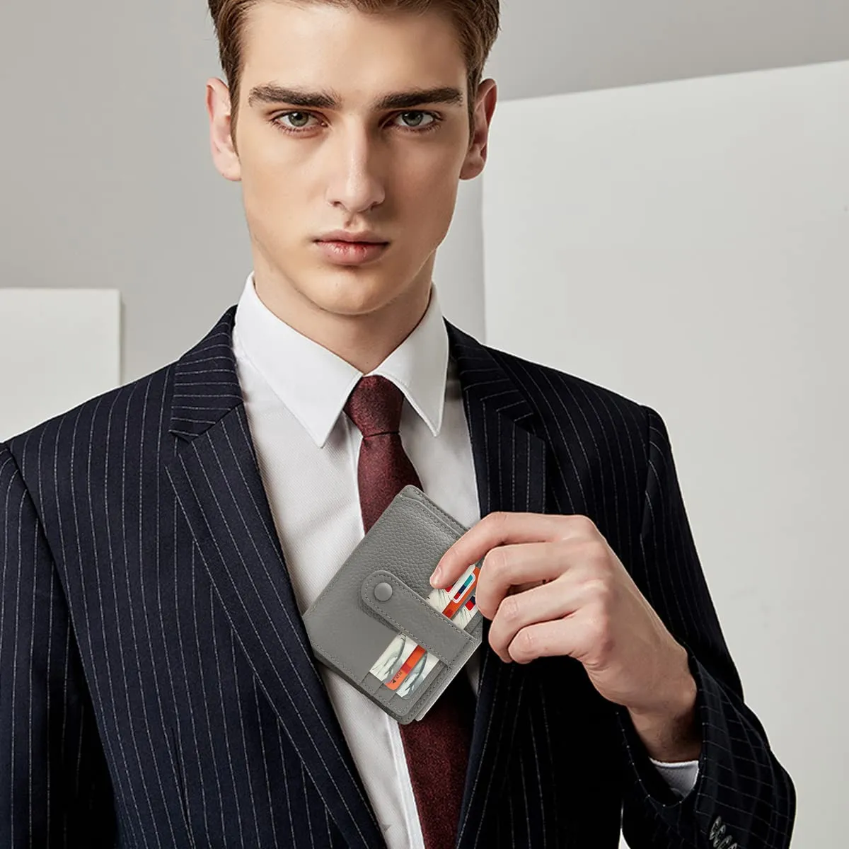 REETEE Porta Carte Credito Uomo e Donna RFID Blocco Portafoglio Sottile con Portamonete Vera Pelle Portacarte di Credito con Cerniera, Portacarte Uomo Slim con 14 Slot per Schede (grigio) - immagine 6