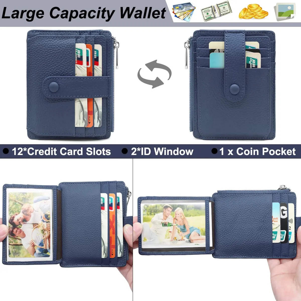 REETEE Porta Carte Credito Uomo e Donna RFID Blocco Portafoglio Sottile con Portamonete Vera Pelle Portacarte di Credito con Cerniera, Portacarte Uomo Slim con 14 Slot per Schede (blu) - immagine 2