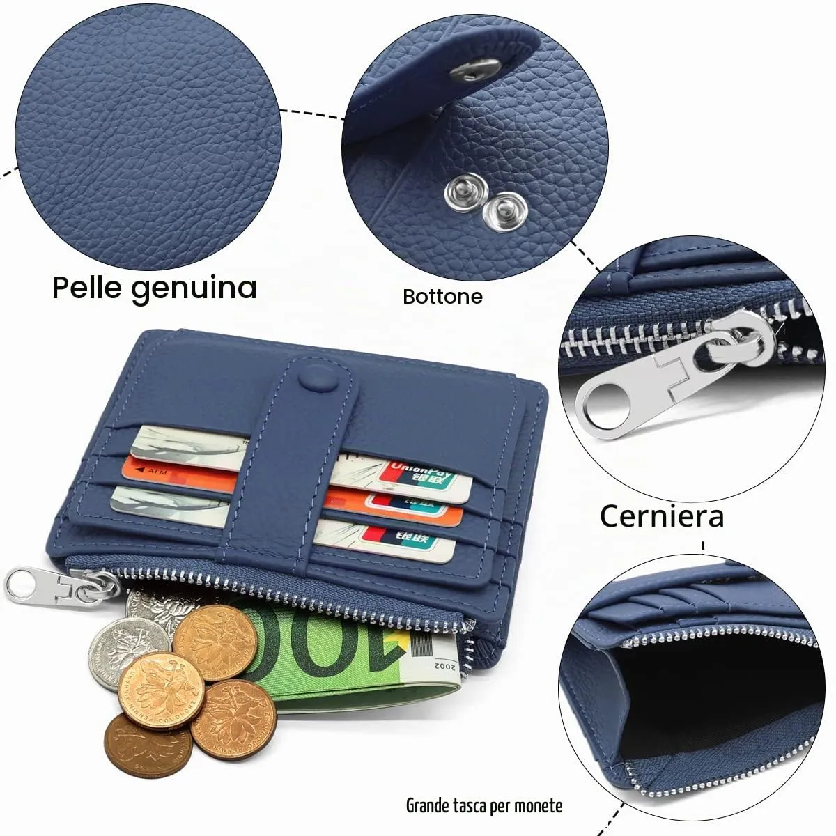 REETEE Porta Carte Credito Uomo e Donna RFID Blocco Portafoglio Sottile con Portamonete Vera Pelle Portacarte di Credito con Cerniera, Portacarte Uomo Slim con 14 Slot per Schede (blu) - immagine 3