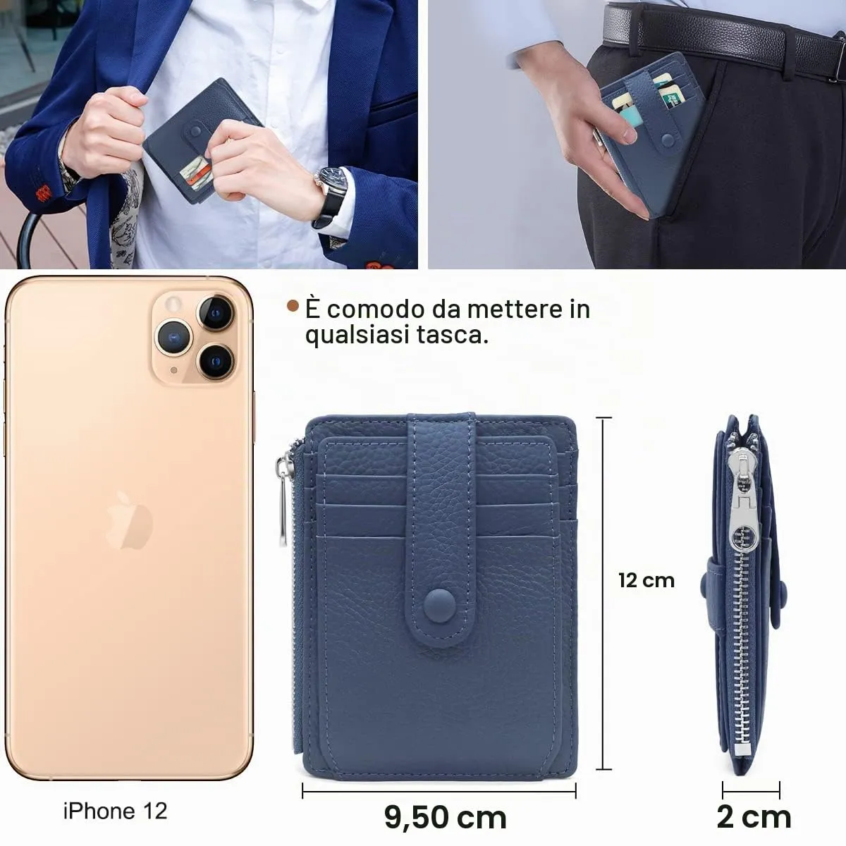 REETEE Porta Carte Credito Uomo e Donna RFID Blocco Portafoglio Sottile con Portamonete Vera Pelle Portacarte di Credito con Cerniera, Portacarte Uomo Slim con 14 Slot per Schede (blu) - immagine 5