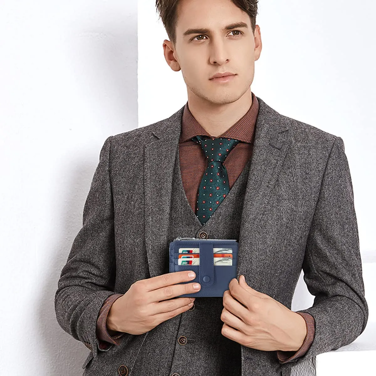 REETEE Porta Carte Credito Uomo e Donna RFID Blocco Portafoglio Sottile con Portamonete Vera Pelle Portacarte di Credito con Cerniera, Portacarte Uomo Slim con 14 Slot per Schede (blu) - immagine 6