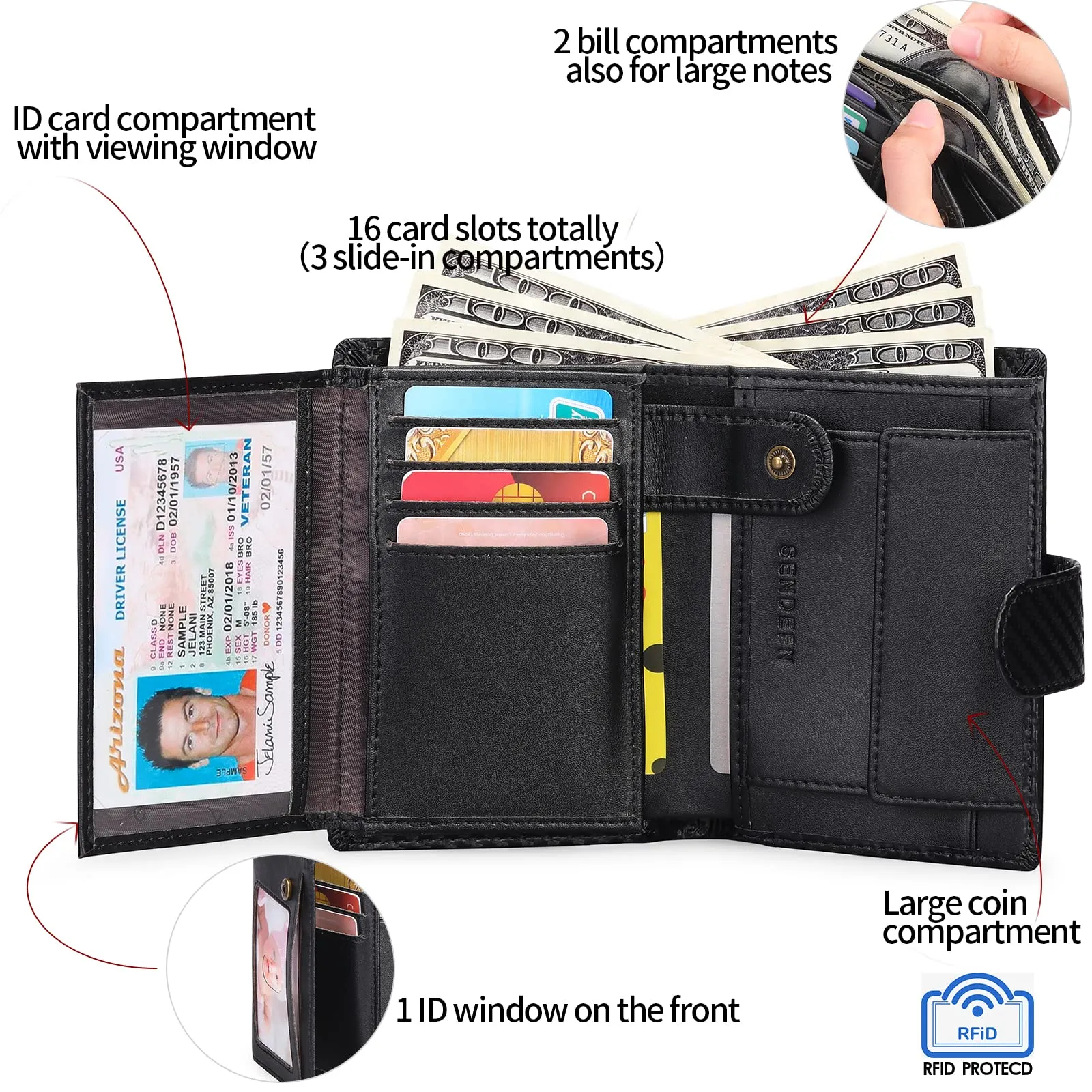 SENFEFN Portafoglio Uomo Trifold Pelle Vegana, Portafogli Uomo Blocco RFID con 18 Porta Carte di Credito, Tasca Portamonete, 2 Scomparti Banconote - immagine 4