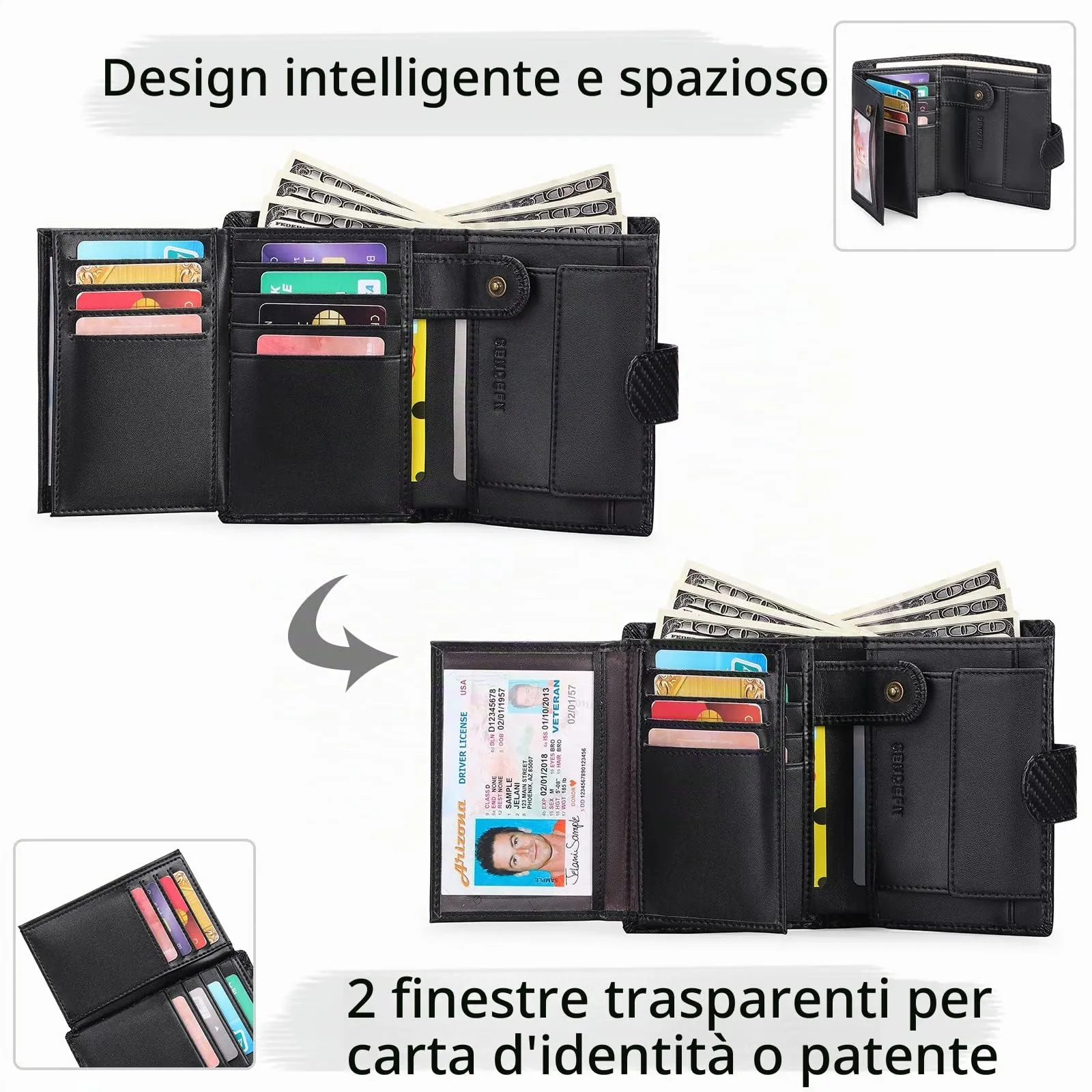 SENFEFN Portafoglio Uomo Trifold Pelle Vegana, Portafogli Uomo Blocco RFID con 18 Porta Carte di Credito, Tasca Portamonete, 2 Scomparti Banconote - immagine 5