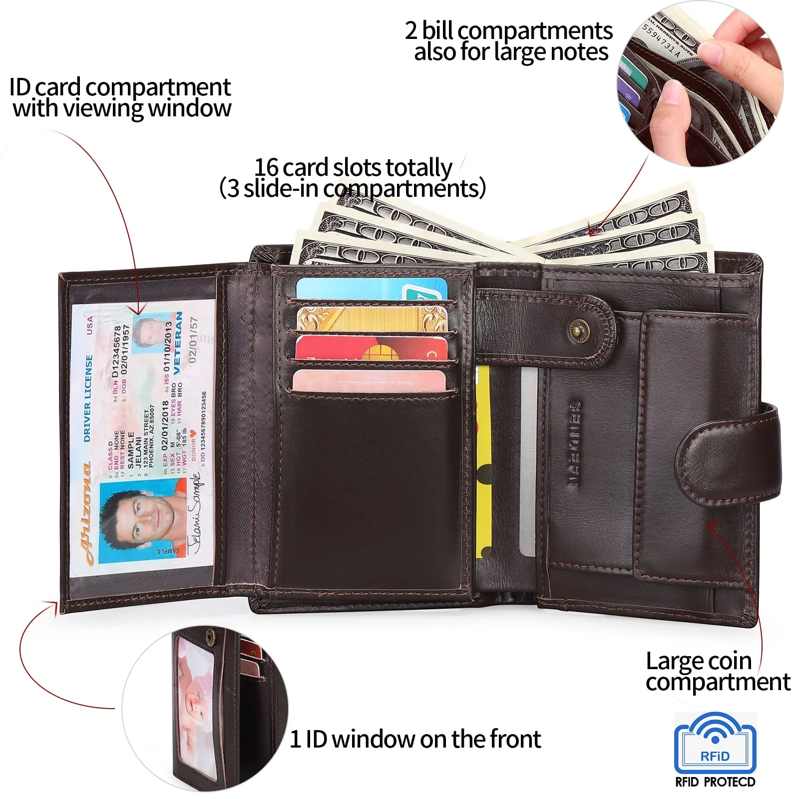 SENFEFN Portafoglio Uomo Trifold Pelle Vegana, Portafogli Uomo Blocco RFID con 18 Porta Carte di Credito, Tasca Portamonete, 2 Scomparti Banconote - immagine 4