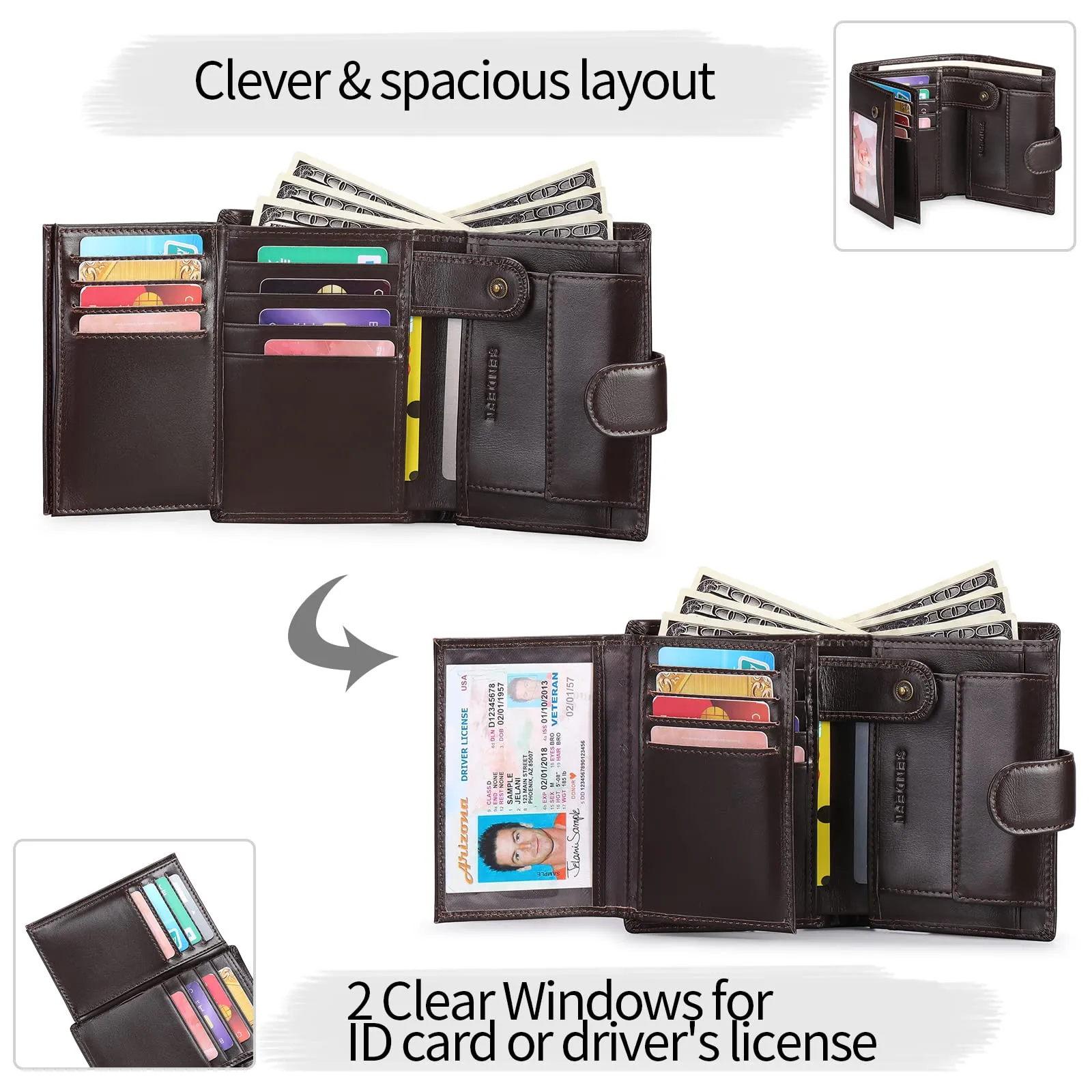 SENFEFN Portafoglio Uomo Trifold Pelle Vegana, Portafogli Uomo Blocco RFID con 18 Porta Carte di Credito, Tasca Portamonete, 2 Scomparti Banconote - immagine 5