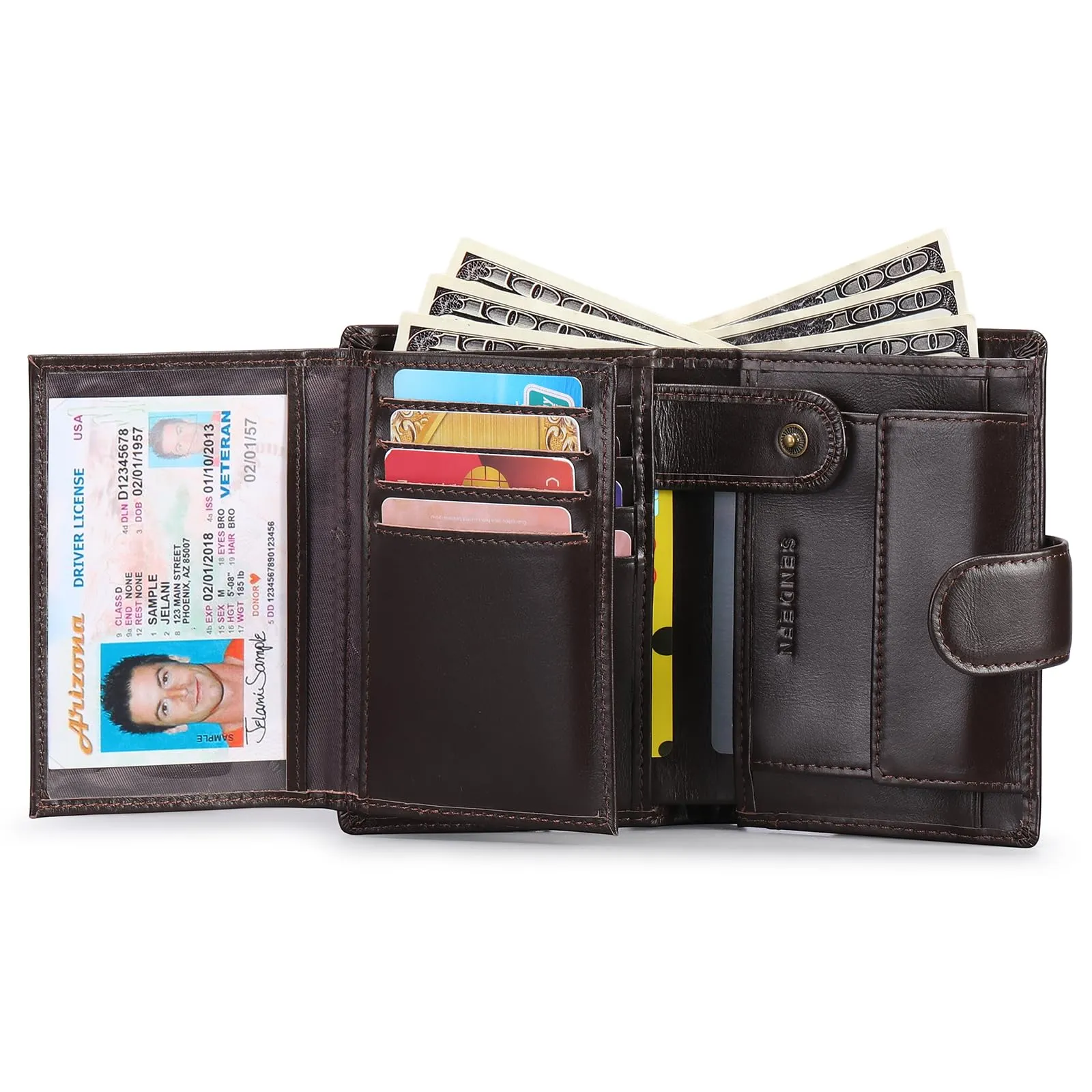 SENFEFN Portafoglio Uomo Trifold Pelle Vegana, Portafogli Uomo Blocco RFID con 18 Porta Carte di Credito, Tasca Portamonete, 2 Scomparti Banconote - immagine 9