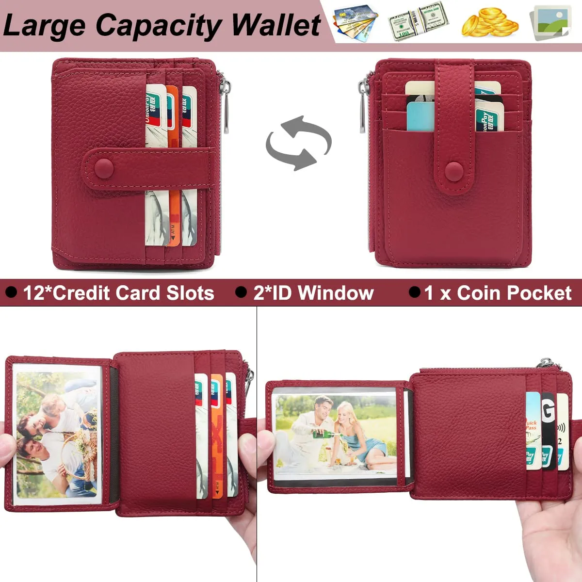 Porta Carte Credito Uomo e Donna RFID Blocco Portafoglio Sottile con Portamonete Vera Pelle Portacarte di Credito con Cerniera, Portacarte Uomo Slim con 14 Slot per Schede - immagine 2