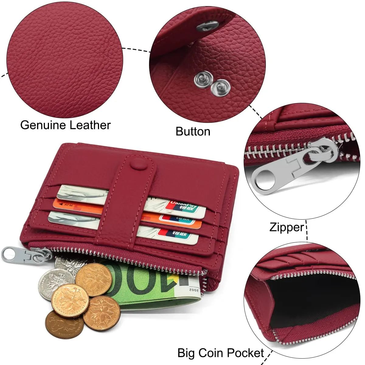 Porta Carte Credito Uomo e Donna RFID Blocco Portafoglio Sottile con Portamonete Vera Pelle Portacarte di Credito con Cerniera, Portacarte Uomo Slim con 14 Slot per Schede - immagine 3