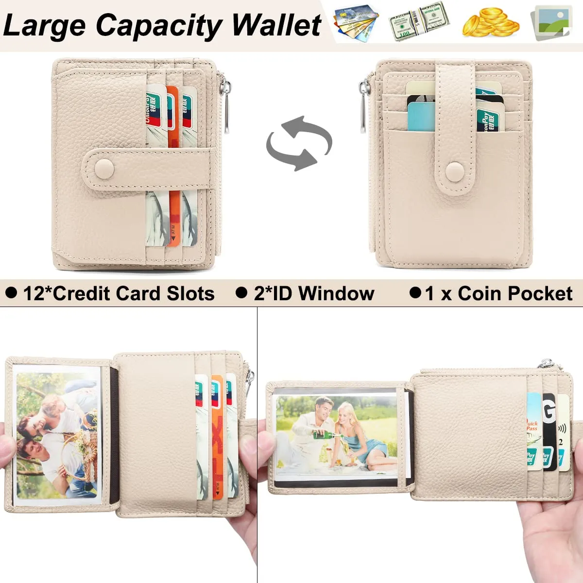 REETEE Porta Carte Credito Uomo e Donna RFID Blocco Portafoglio Sottile con Portamonete Vera Pelle Portacarte di Credito con Cerniera, Portacarte Uomo Slim con 14 Slot per Schede (Bianco) - immagine 2