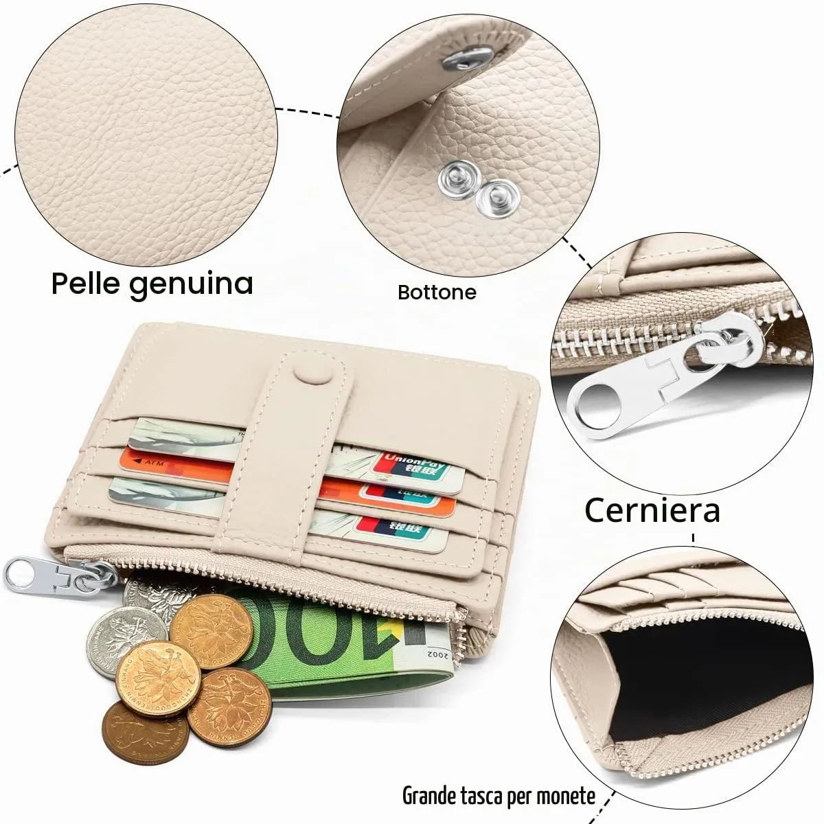 REETEE Porta Carte Credito Uomo e Donna RFID Blocco Portafoglio Sottile con Portamonete Vera Pelle Portacarte di Credito con Cerniera, Portacarte Uomo Slim con 14 Slot per Schede (Bianco) - immagine 3