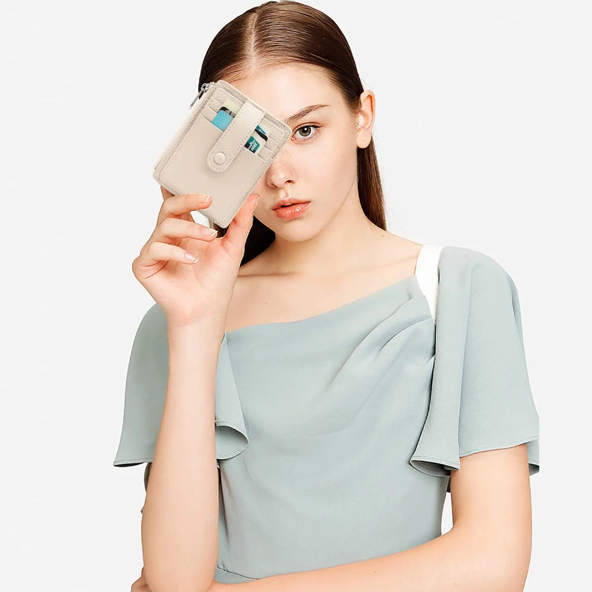 REETEE Porta Carte Credito Uomo e Donna RFID Blocco Portafoglio Sottile con Portamonete Vera Pelle Portacarte di Credito con Cerniera, Portacarte Uomo Slim con 14 Slot per Schede (Bianco) - immagine 6