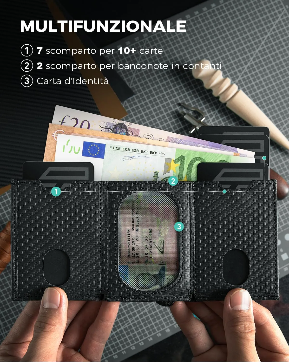 DODENSHA Portafoglio Uomo Piccolo Sottile | Porta Carte Credito | Portafoglio uomo Slim con Portamonete XL | Portafoglio con Blocco RFID | 1 Porta Banconote e 6 Fessure per Carte e Slot ID | Carbon - immagine 3