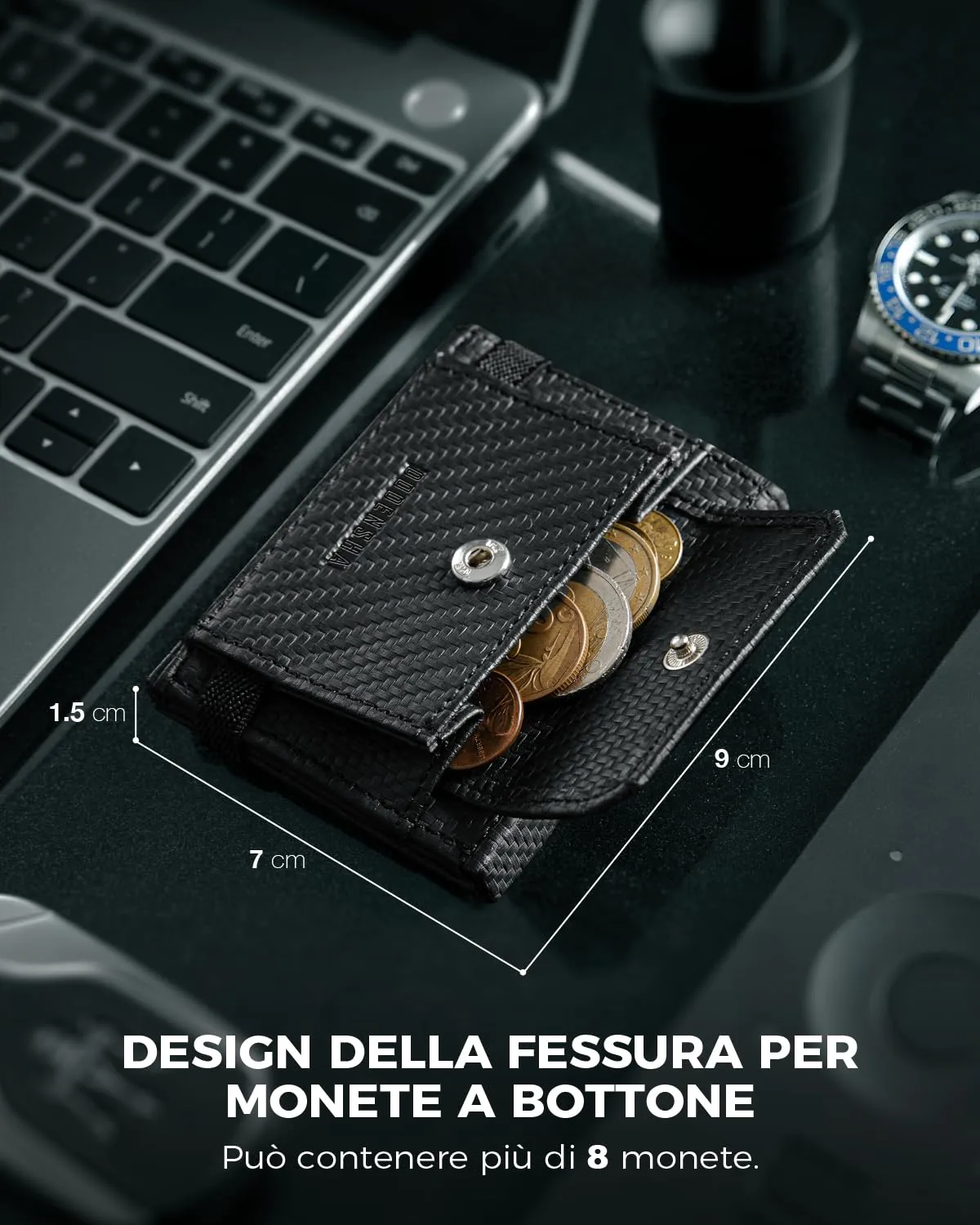 DODENSHA Portafoglio Uomo Piccolo Sottile | Porta Carte Credito | Portafoglio uomo Slim con Portamonete XL | Portafoglio con Blocco RFID | 1 Porta Banconote e 6 Fessure per Carte e Slot ID | Carbon - immagine 5