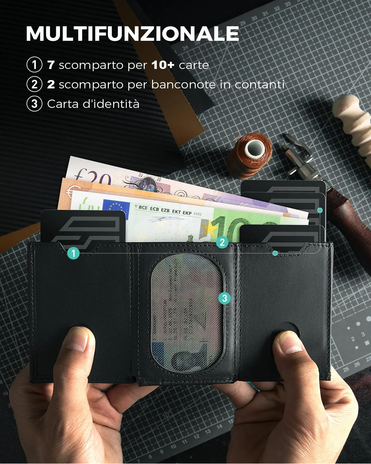 DODENSHA Portafoglio Uomo Piccolo Sottile | Porta Carte Credito | Portafoglio uomo con Portamonete XL | Portafoglio con Blocco RFID | 2 Porta Banconote e 7 Fessure per Carte e Slot ID | Nero-Upgrade - immagine 3