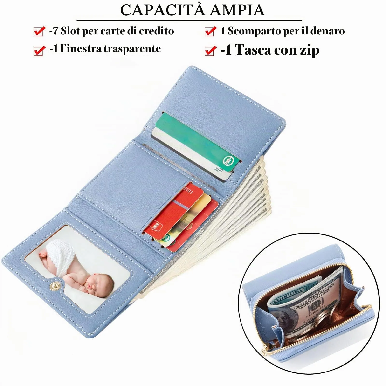 Portafoglio donna piccolo, Portafogli donna, Portafoglio piccolo con grande capacità, Portafogli elegante e dolce da donna con grande tasca per monete Blu - immagine 3