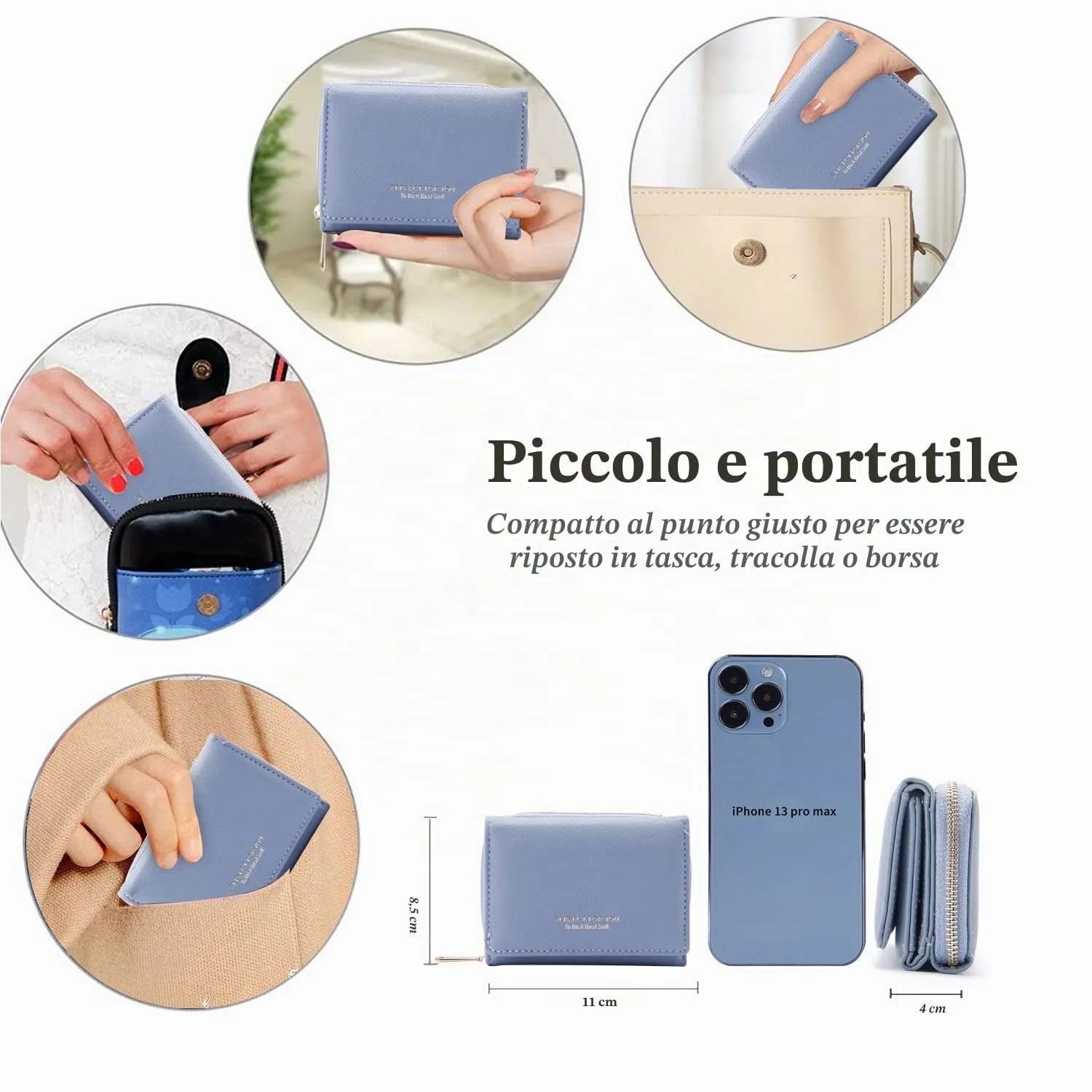 Portafoglio donna piccolo, Portafogli donna, Portafoglio piccolo con grande capacità, Portafogli elegante e dolce da donna con grande tasca per monete Blu - immagine 4