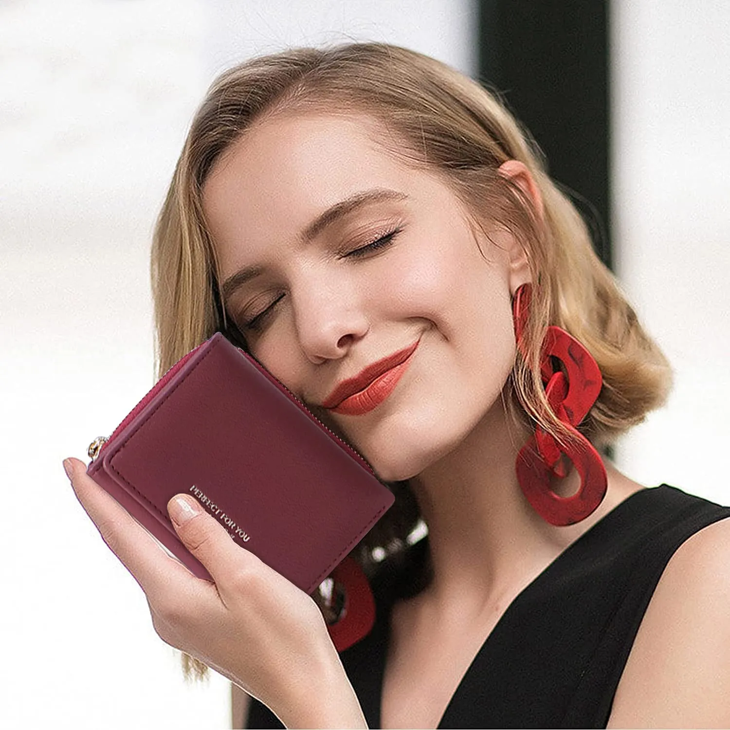 Portafoglio donna piccolo, Portafogli donna, Portafoglio piccolo con grande capacità, Portafogli elegante e dolce da donna con grande tasca per monete Rosso vino - immagine 2
