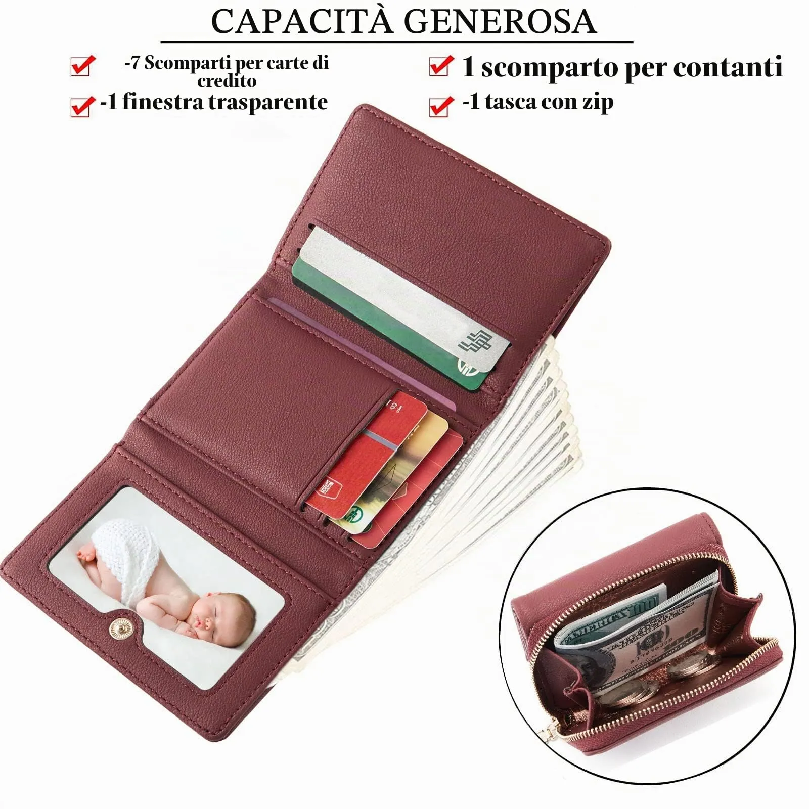 Portafoglio donna piccolo, Portafogli donna, Portafoglio piccolo con grande capacità, Portafogli elegante e dolce da donna con grande tasca per monete Rosso vino - immagine 3