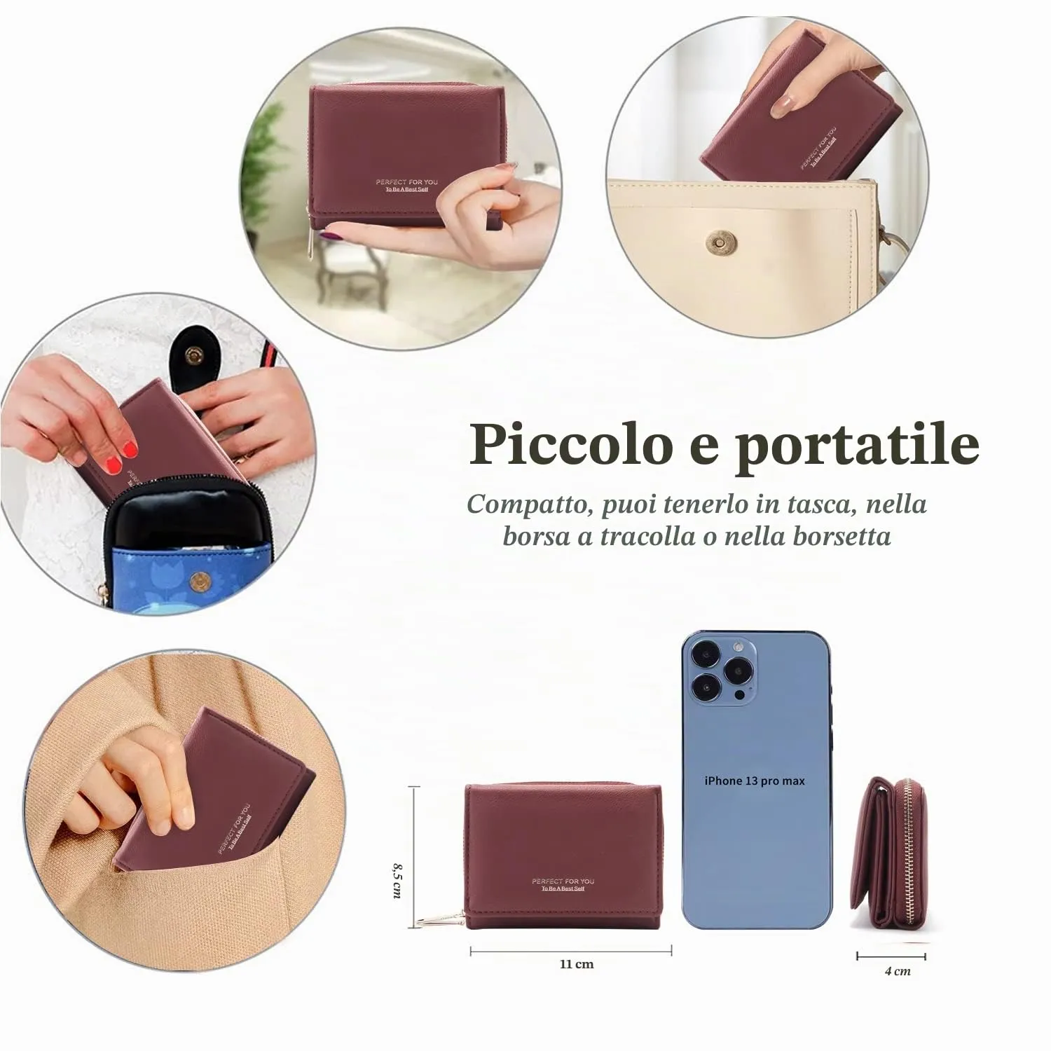 Portafoglio donna piccolo, Portafogli donna, Portafoglio piccolo con grande capacità, Portafogli elegante e dolce da donna con grande tasca per monete Rosso vino - immagine 4