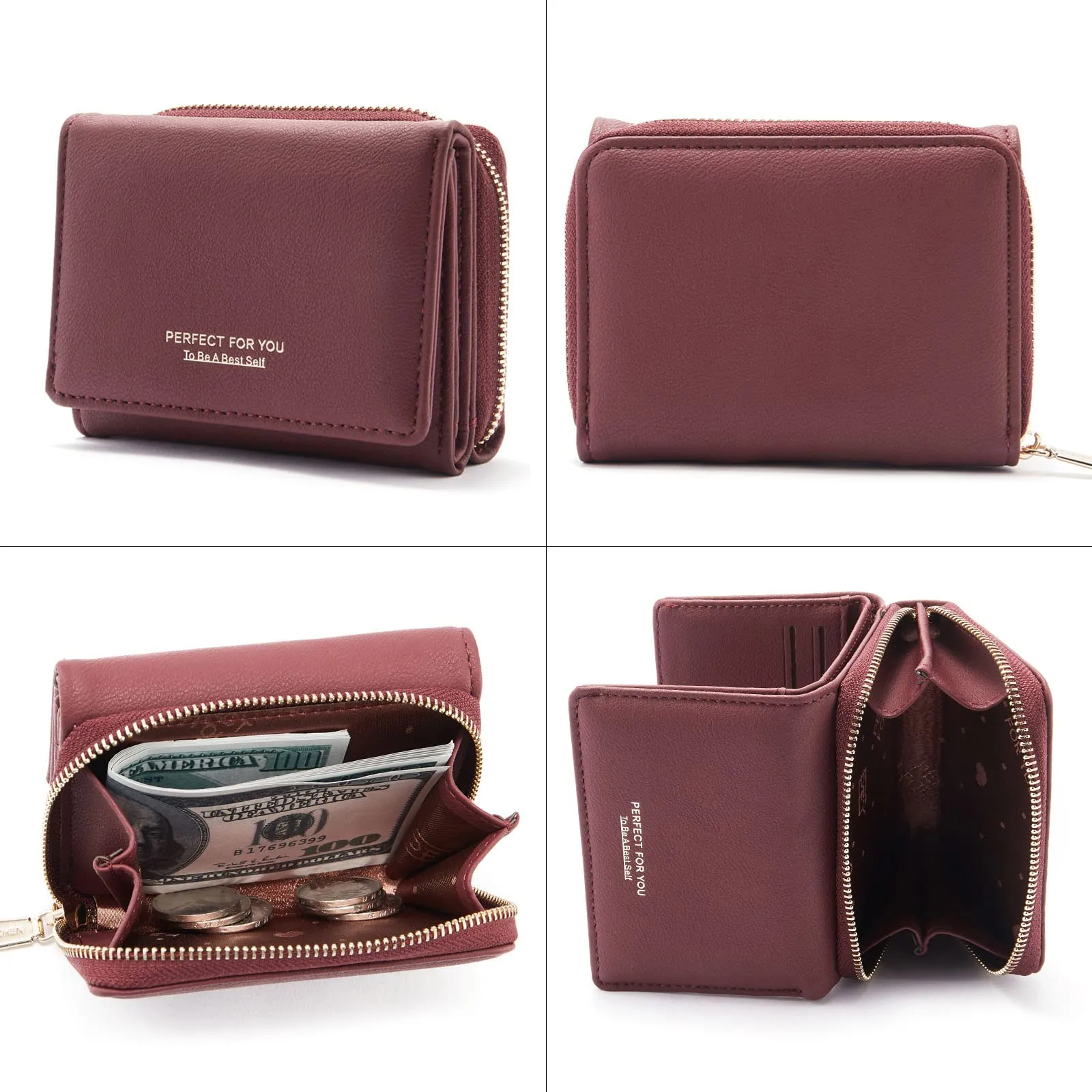 Portafoglio donna piccolo, Portafogli donna, Portafoglio piccolo con grande capacità, Portafogli elegante e dolce da donna con grande tasca per monete Rosso vino - immagine 5