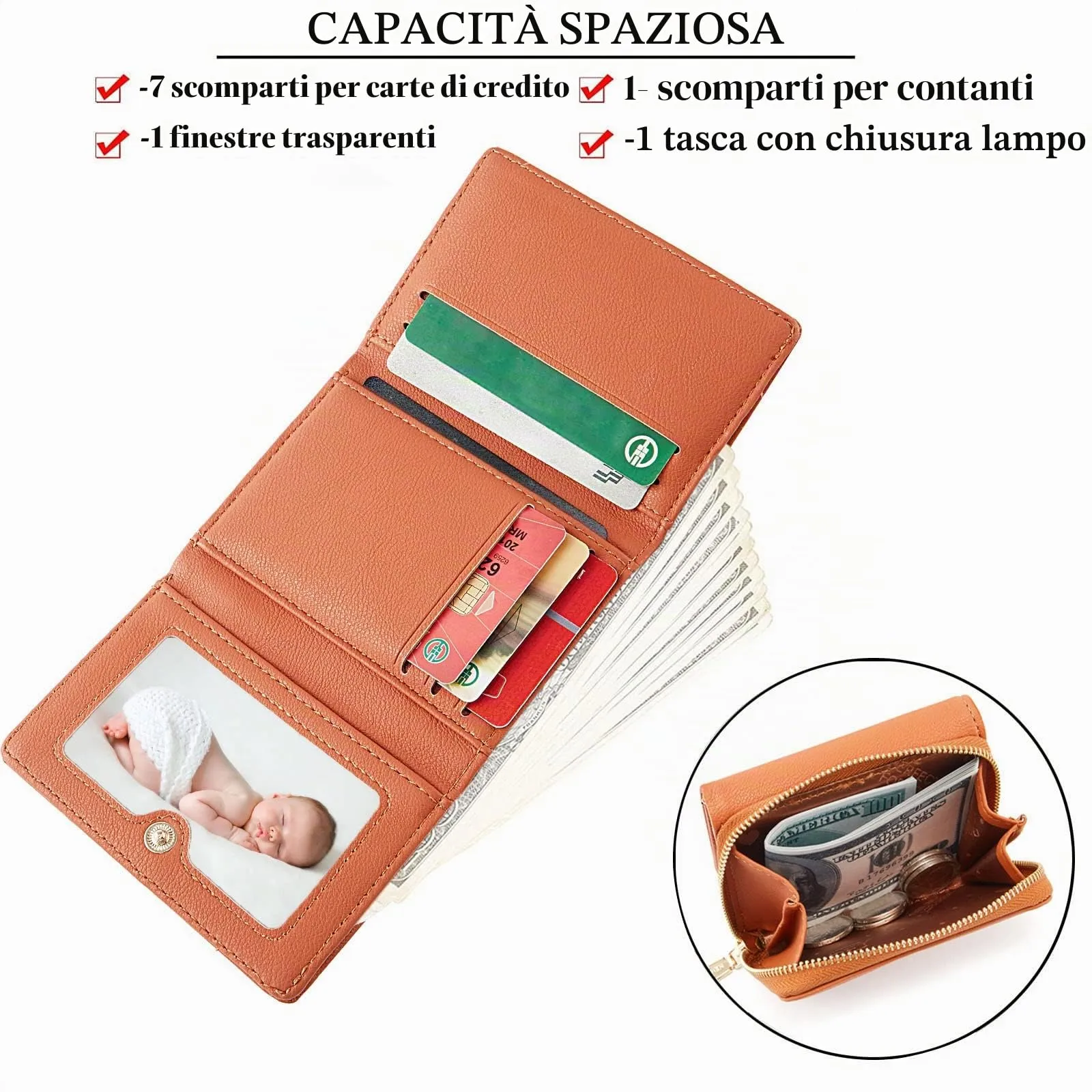 Portafoglio donna piccolo, Portafogli donna, Portafoglio piccolo con grande capacità, Portafogli elegante e dolce da donna con grande tasca per monete Marrone - immagine 3