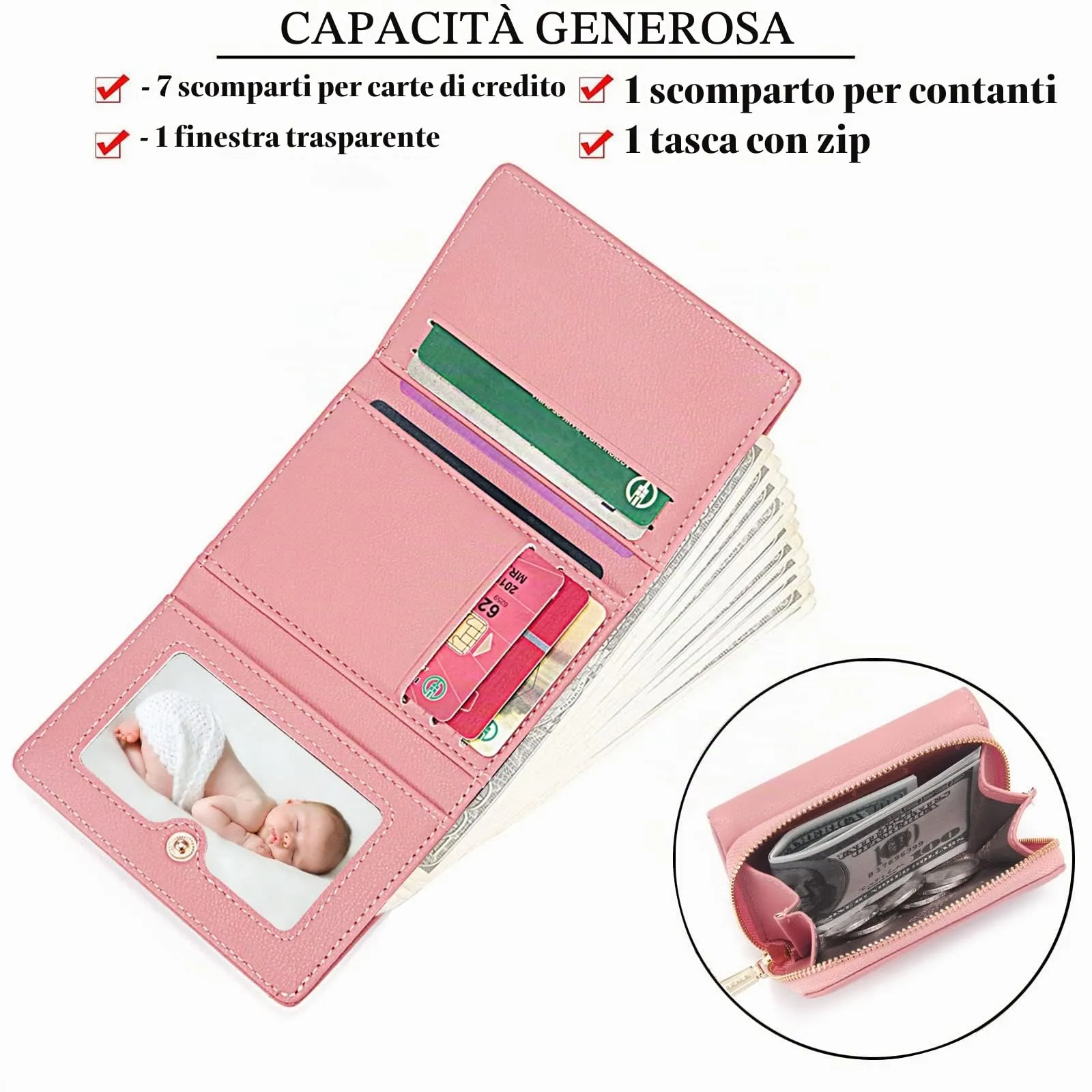 Portafoglio donna piccolo, Portafogli donna, Portafoglio piccolo con grande capacità, Portafogli elegante e dolce da donna con grande tasca per monete Rosa - immagine 3