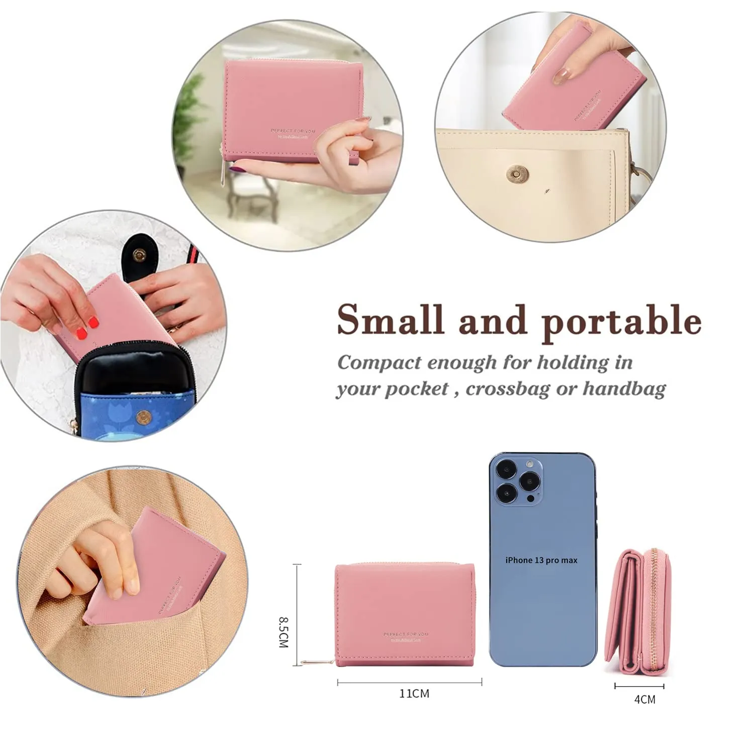 Portafoglio donna piccolo, Portafogli donna, Portafoglio piccolo con grande capacità, Portafogli elegante e dolce da donna con grande tasca per monete Rosa - immagine 4