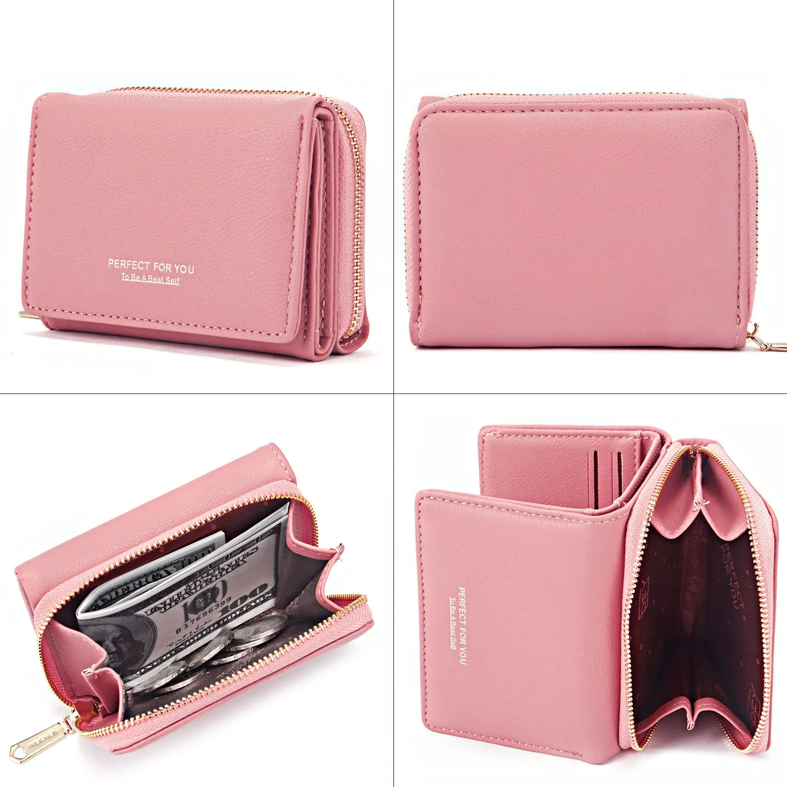 Portafoglio donna piccolo, Portafogli donna, Portafoglio piccolo con grande capacità, Portafogli elegante e dolce da donna con grande tasca per monete Rosa - immagine 5