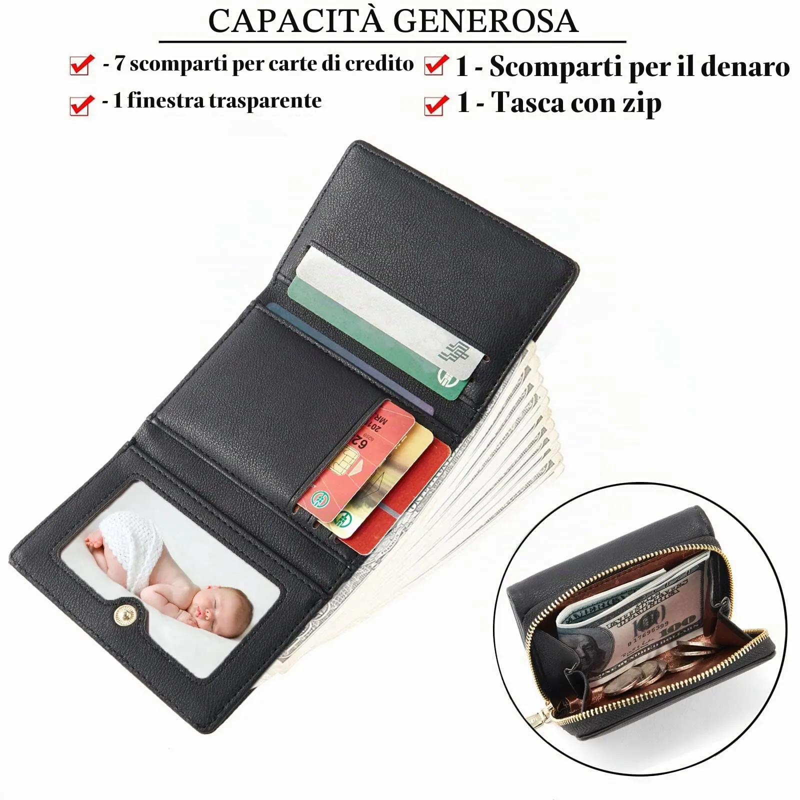 Portafoglio donna piccolo, Portafogli donna, Portafoglio piccolo con grande capacità, Portafogli elegante e dolce da donna con grande tasca per monete Nero - immagine 3