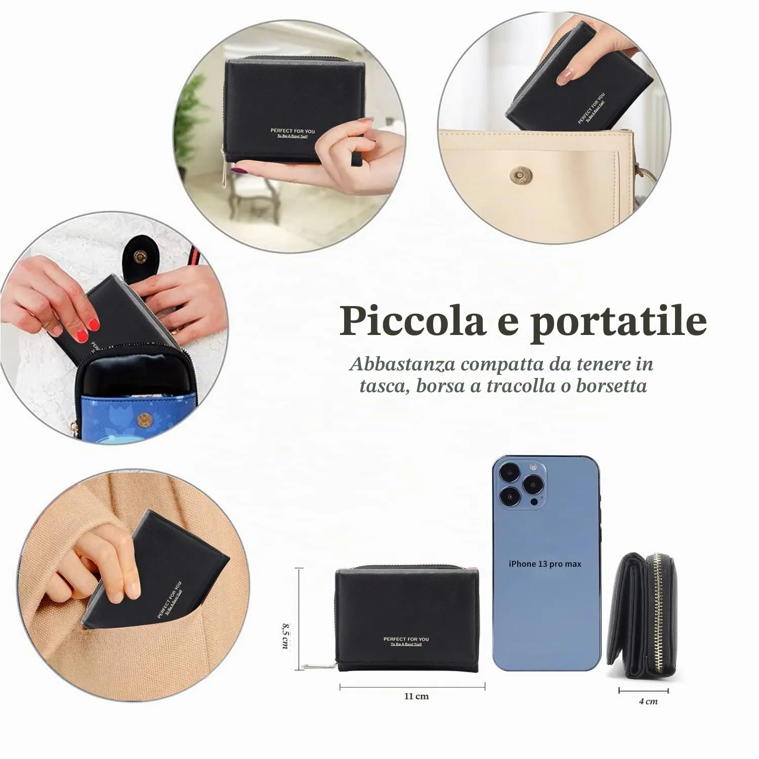 Portafoglio donna piccolo, Portafogli donna, Portafoglio piccolo con grande capacità, Portafogli elegante e dolce da donna con grande tasca per monete Nero - immagine 4