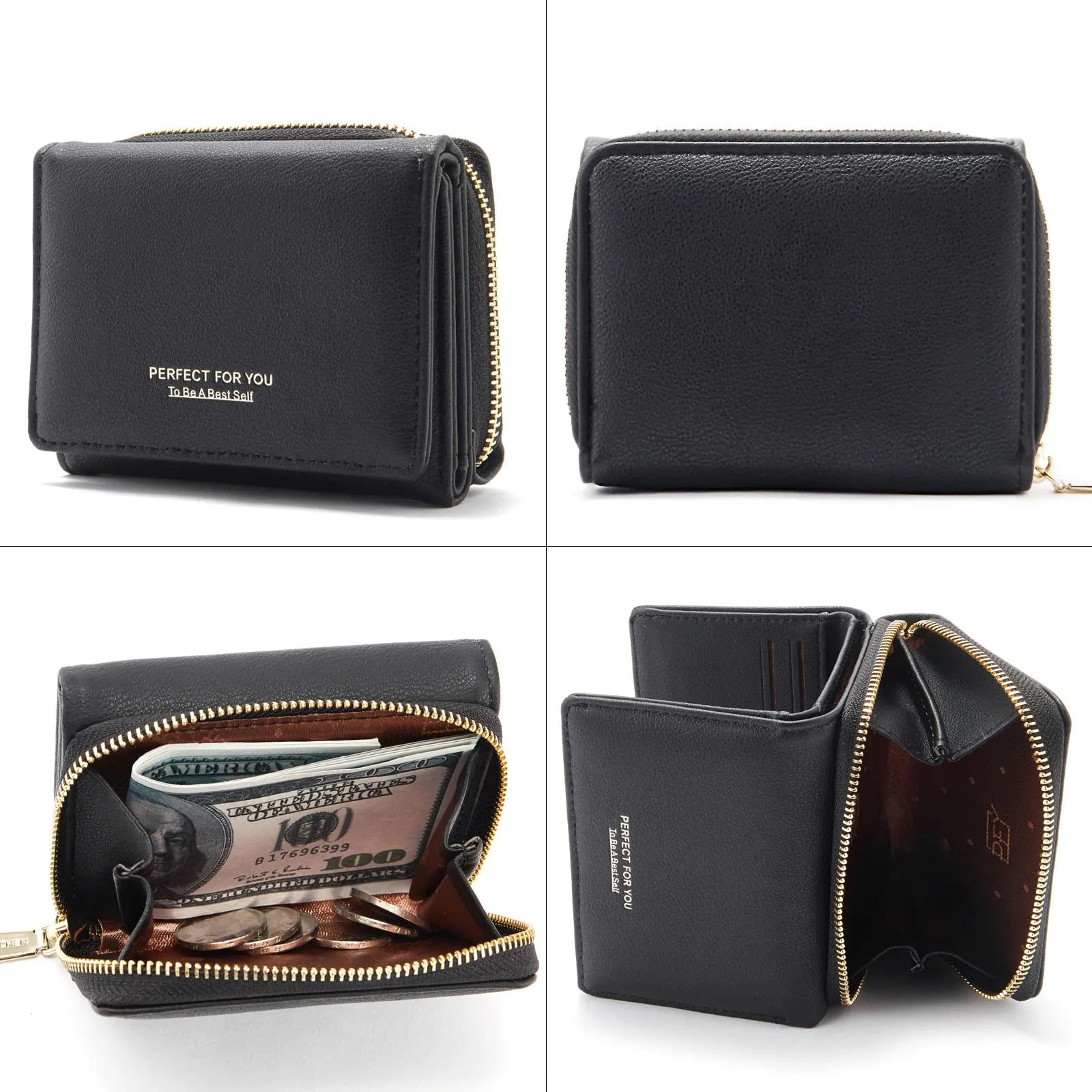 Portafoglio donna piccolo, Portafogli donna, Portafoglio piccolo con grande capacità, Portafogli elegante e dolce da donna con grande tasca per monete Nero - immagine 5