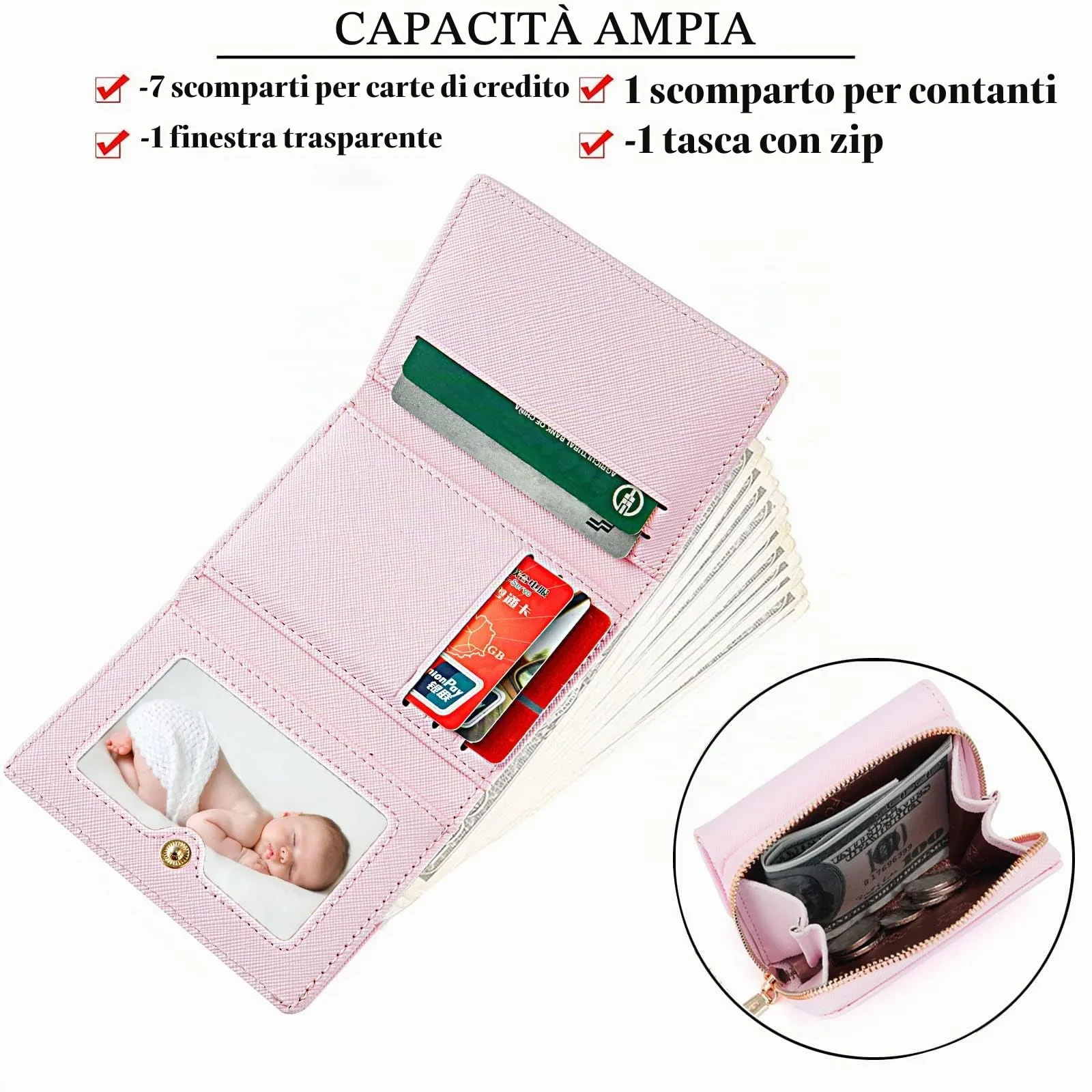 Borsellino da donna, Portafoglio da donna, Portafoglio da donna, Portafoglio da donna con grande capacità, Portafoglio da donna elegante e dolce con grande tasca per monete Rosa - immagine 2