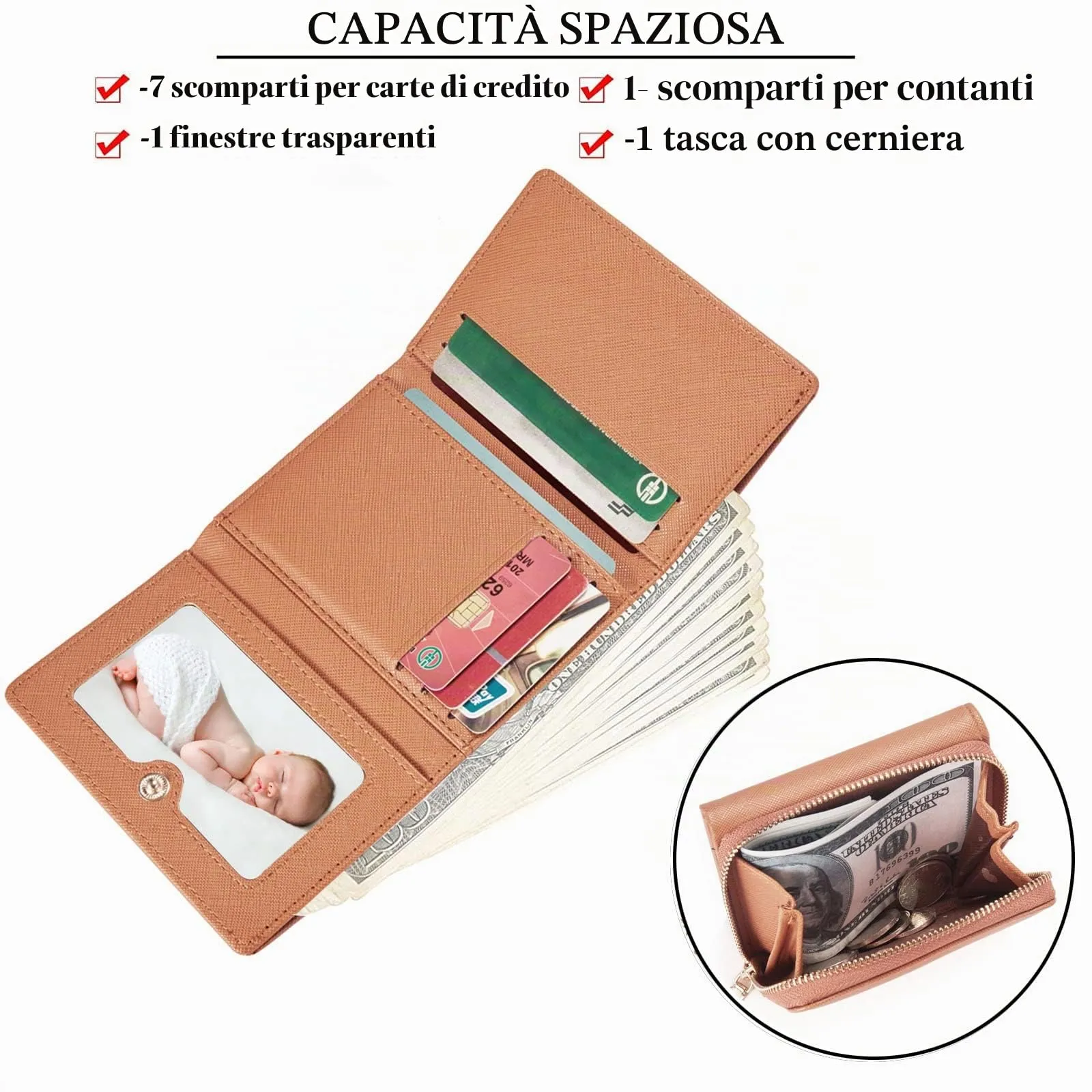 Borsellino da donna, Portafoglio da donna, Portafoglio da donna, Portafoglio da donna con grande capacità, Portafoglio da donna elegante e dolce con grande tasca per monete Marrone - immagine 2