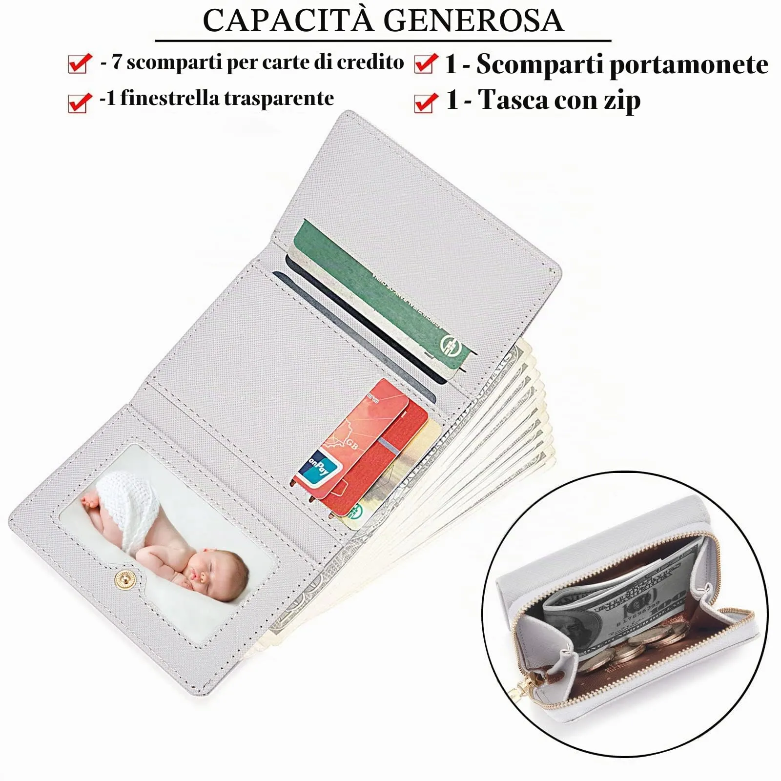 Borsellino da donna, Portafoglio da donna, Portafoglio da donna, Portafoglio da donna con grande capacità, Portafoglio da donna elegante e dolce con grande tasca per monete Grigio - immagine 3