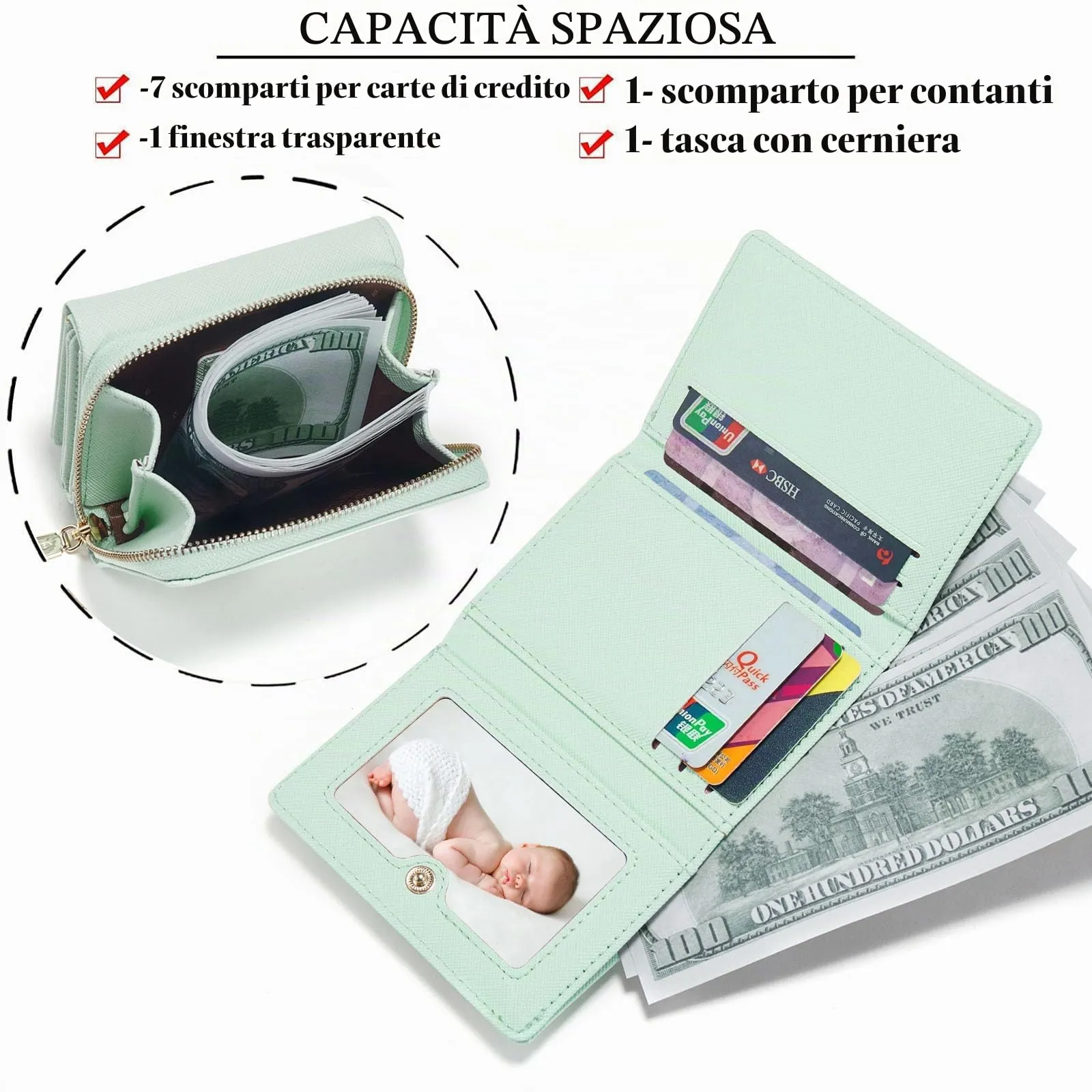 Borsellino da donna, Portafoglio da donna, Portafoglio da donna, Portafoglio da donna con grande capacità, Portafoglio da donna elegante e dolce con grande tasca per monete Verde - immagine 3