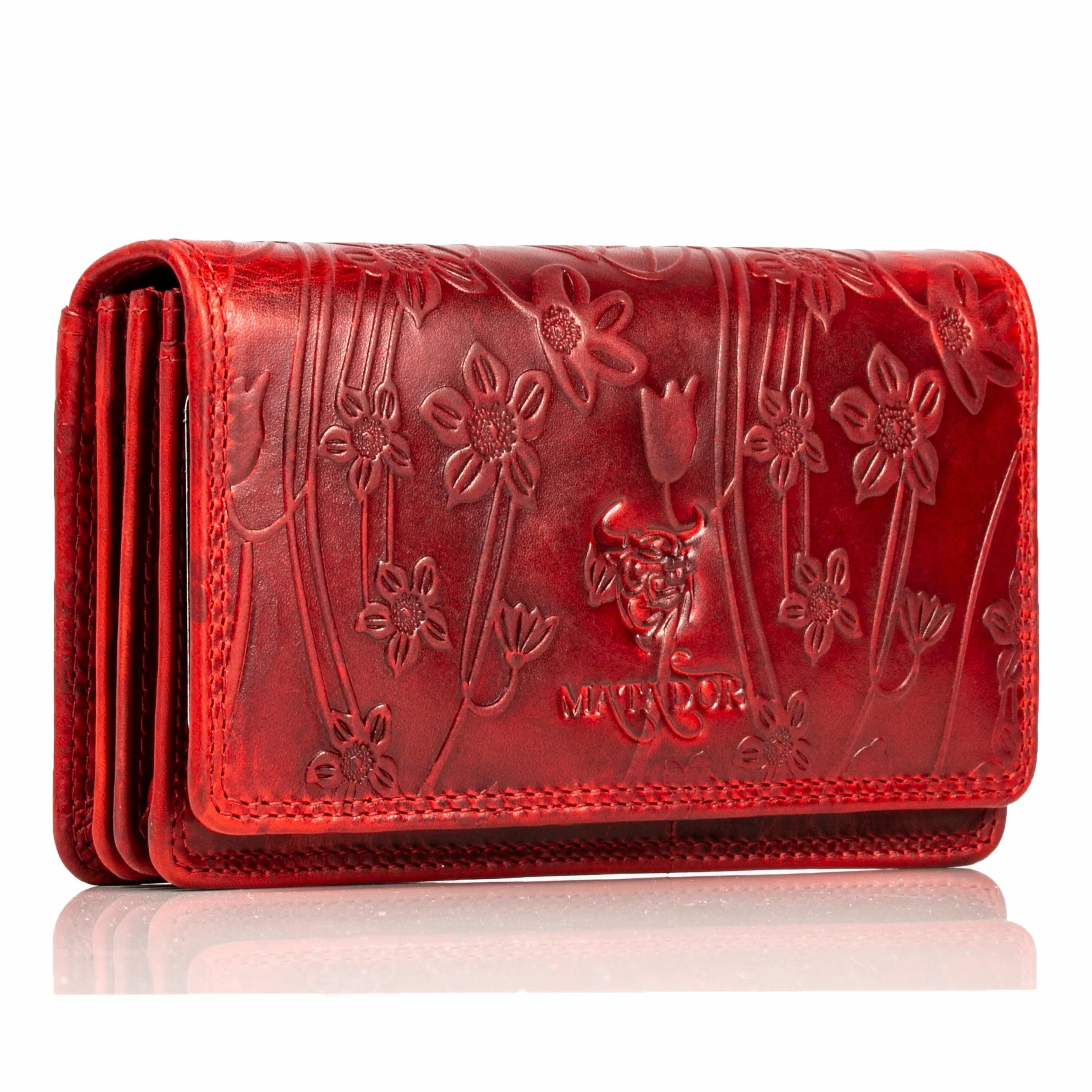 Matador Portafoglio Donna Grande in Vera Pelle RFID, Rosso Floreale - immagine 1